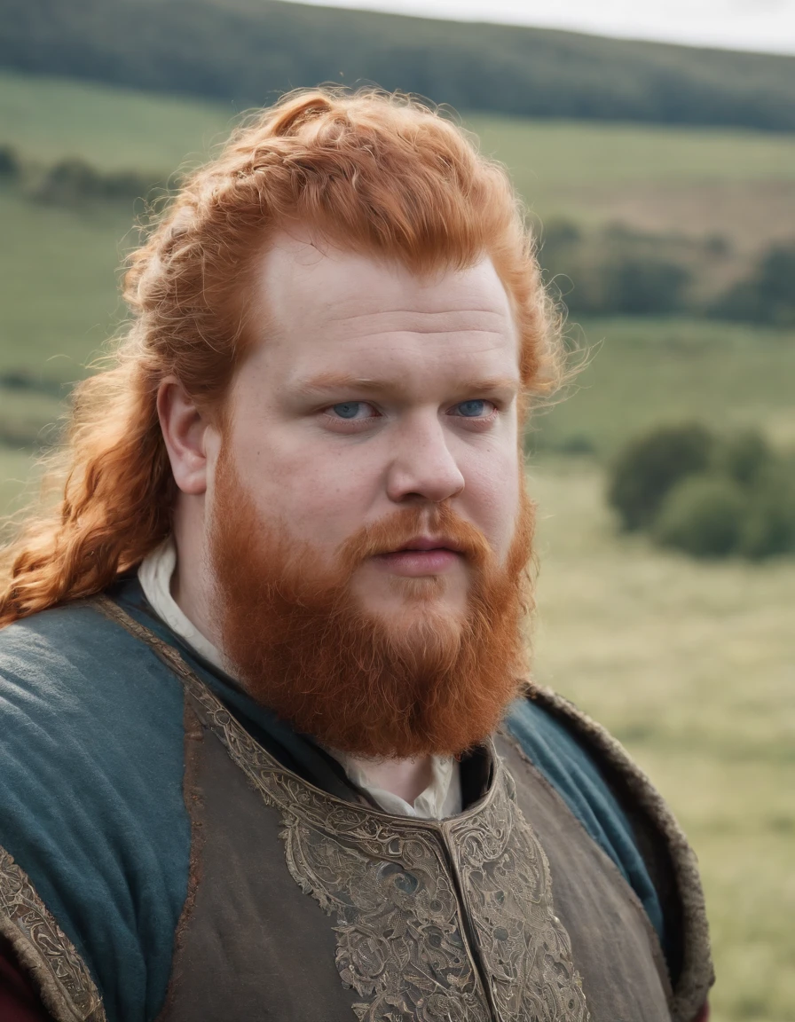 make the face of an obese red-haired man, with a beard and big hair, with medieval clothes, blue eyes and with fields with animals in the background