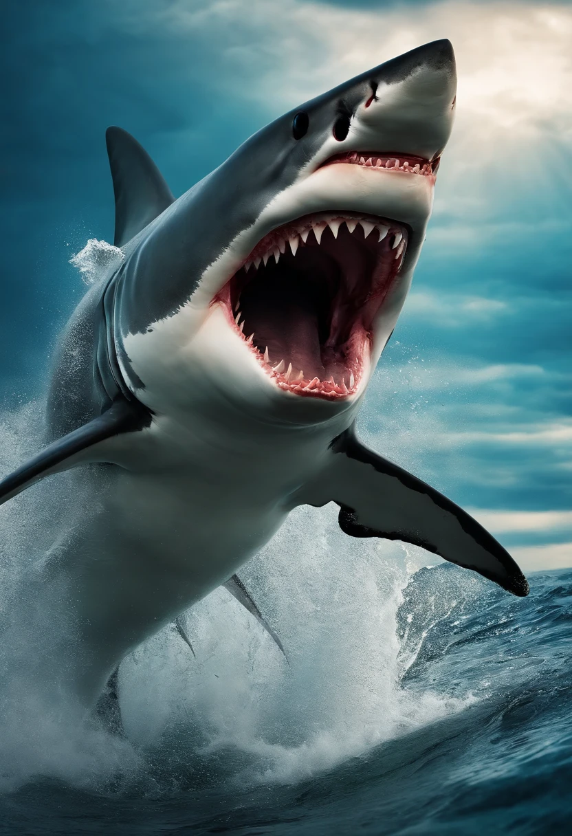 "Por favor, generate a sharp image that highlights a majestic great white shark leaping out of the water in a stunning moment. The scene should convey the shark's powerful presence and agility, capturing the dynamic and incredible nature of this behavior.