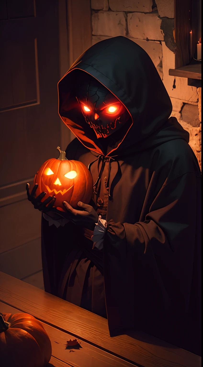 a demonic scarecrow with a pumpkin, jack o'lantern as the head, straw, night, fall weather, dark, creepy, cornfield, field on fire, rain, demonic, glowing red eyes, horror, scary, pumpkin head, bald