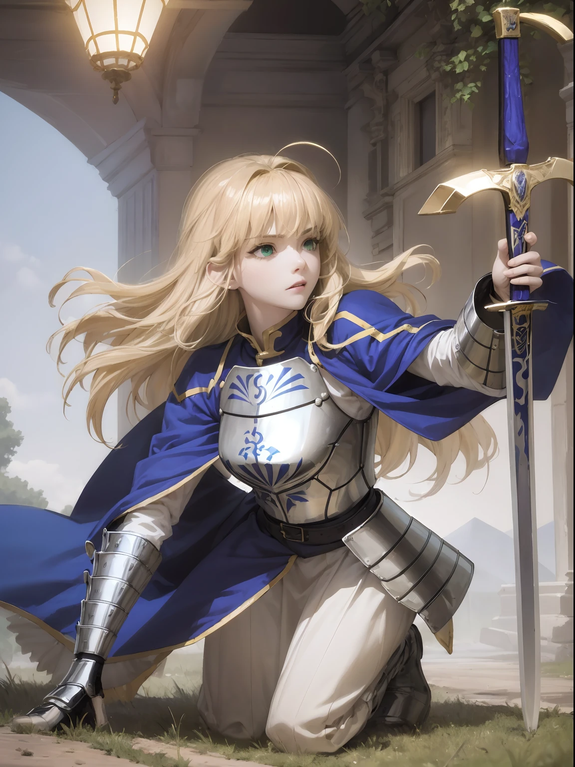 1girll,A face,Artoria,king arthur,King of Britain,FATE series,Knight King,medieval times,Majesty,((Bright blonde hair)),Stand on the grass,Golden sword,The sword is in the middle of the picture,Close-up of the sword,Plug it into the ground,Sword in both hands,ln the forest,Serious expression,Heavy sterling silver armor,Sterling silver leg armor,Sterling silver armour,Dark blue heavy cape,Fur edges,Huge dark blue round battle skirt,Gold lace,Coiled hair,Poor milk,Green eyes,Solitude,A half body,(超高分辨率),(Ultra-high sharpness),tmasterpiece,品质最佳