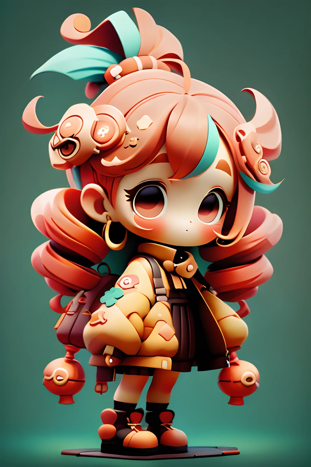plastican00d, 1girl, chibi, amber, twin drills, medium brown, luxury fabrics, dithering, Far-reaching,looking at viewer, striped background