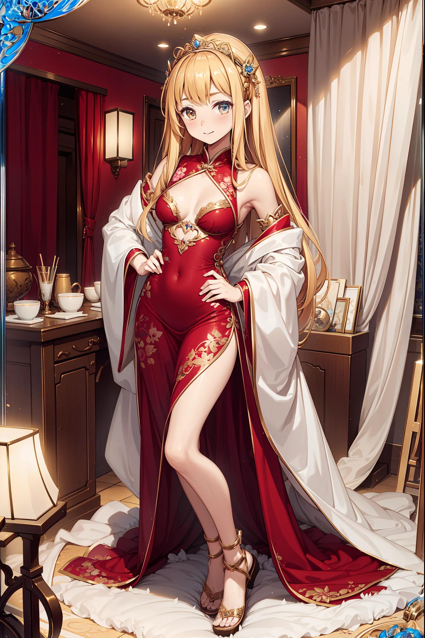 s girl,divino,Enchanted,having fun,Being in love,blond hairbl,Dark soft dress,transparent costume,intricate detailed clothes,Pattern,Princess headband,A small amount of lace,swim wears,dining room,solo person,the night,Chinese elements