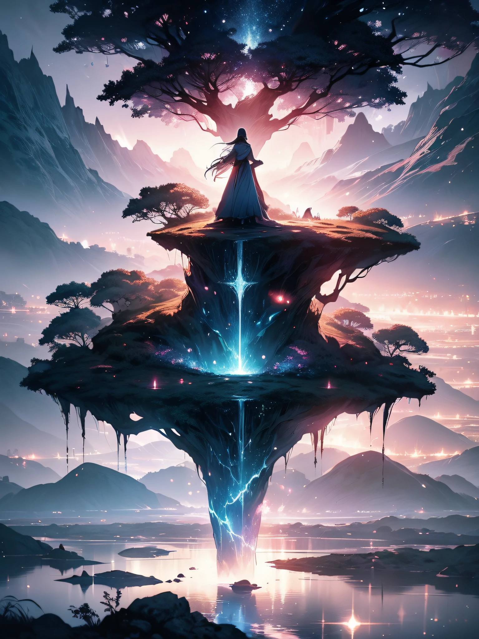 A photograph that captures the essence of a magical dream - like the world. An epic and legendary cliff that hangs over a beautiful lake, com cores surreais e vibrantes iluminando seu reflexo. The atmosphere is otherworldly, with soft night light casting ethereal shadows. The image creates a sense of depth and mystery, as if the viewer is being transported to another dimension, Creating a beautiful and haunting composition. Fotografado com uma Canon EosIII Zeiss de 120mm de largura