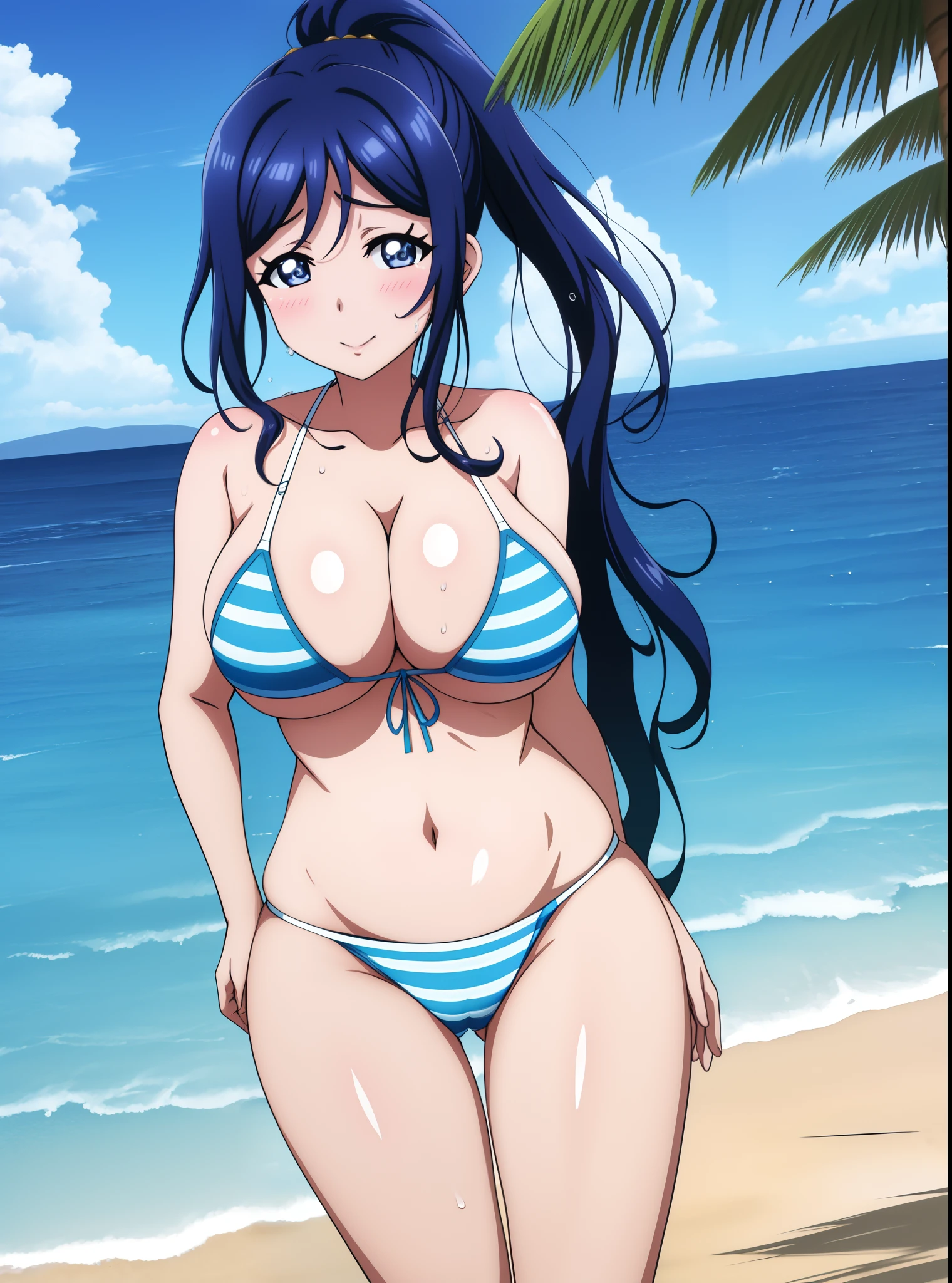 matsuura kanan, by hentai artist, from below, facing another, curvy body , seductive anime girl, on beach, sexy,wet body and hair,striped bikini, big breasts, solo, hand on hip, ponytail, standing