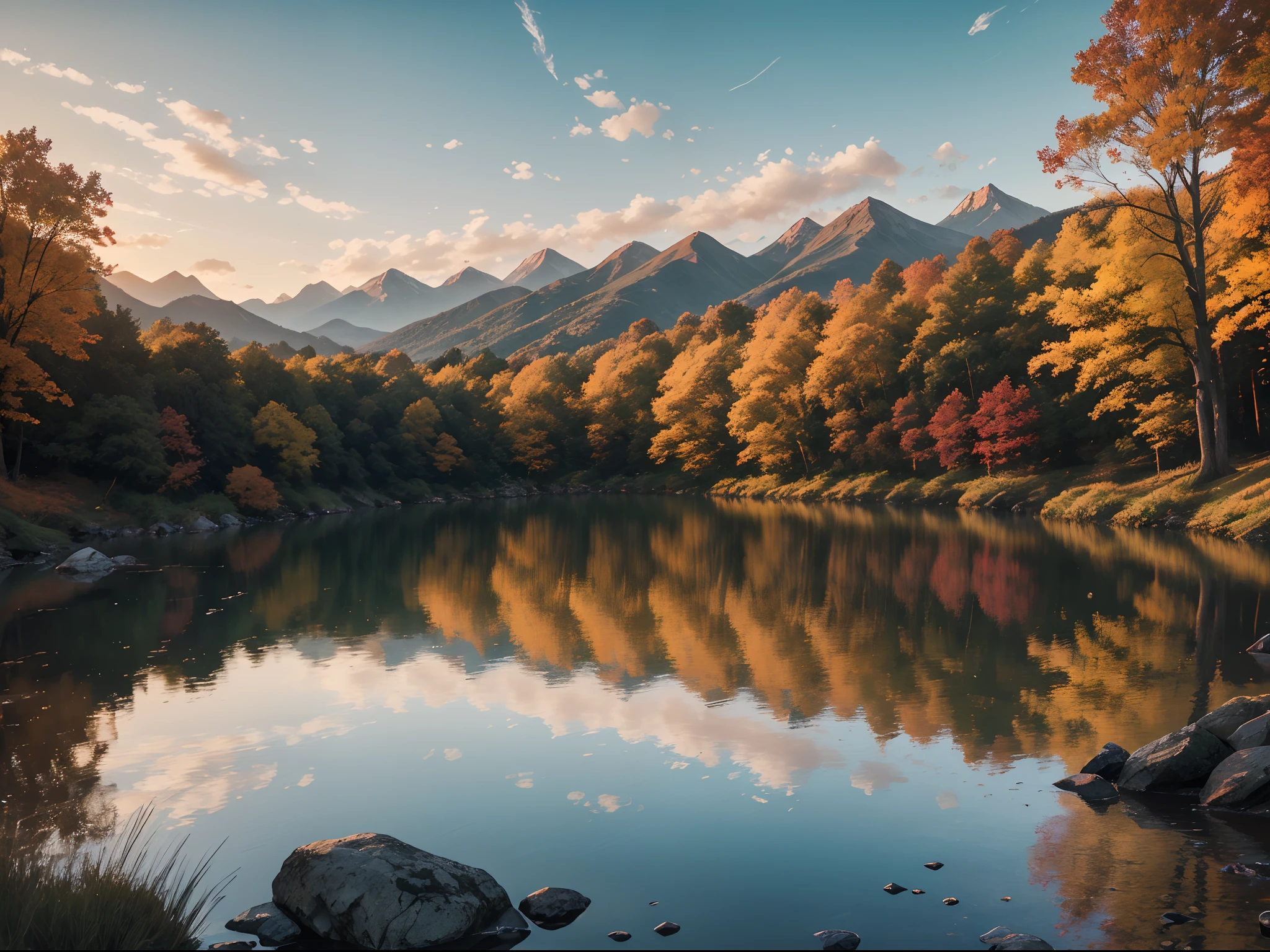 (ultra-detailed,realistic,photorealistic:1.37),(best quality,4k,8k,highres,masterpiece:1.2),natural scenery,stunning landscapes,autumn beauty,beautiful sunset,riverbank,amazing view,Fujifilm XT3,captivating scenery,raw photography,high-quality,fine details,vivid colors,sharp focus,tranquil ambiance,autumn foliage,serene waters,glowing skies,rustling leaves,majestic mountains,reflecting waters,peaceful atmosphere,golden sunlight,fall colors,crisp air,magical twilight,lush greenery,harmonious colors,ethereal scenery,enchanting hues,serene and majestic,serenity of nature,serene panorama,serene and captivating,mesmerizing beauty,picturesque view,immersive experience,colorful palettehigh detail, cinematic lighting, Fujicolor, viewfinder, Hasselblad, UHD, masterpiece, ccurate, super detail, high details, high quality, best quality, highres, 16k