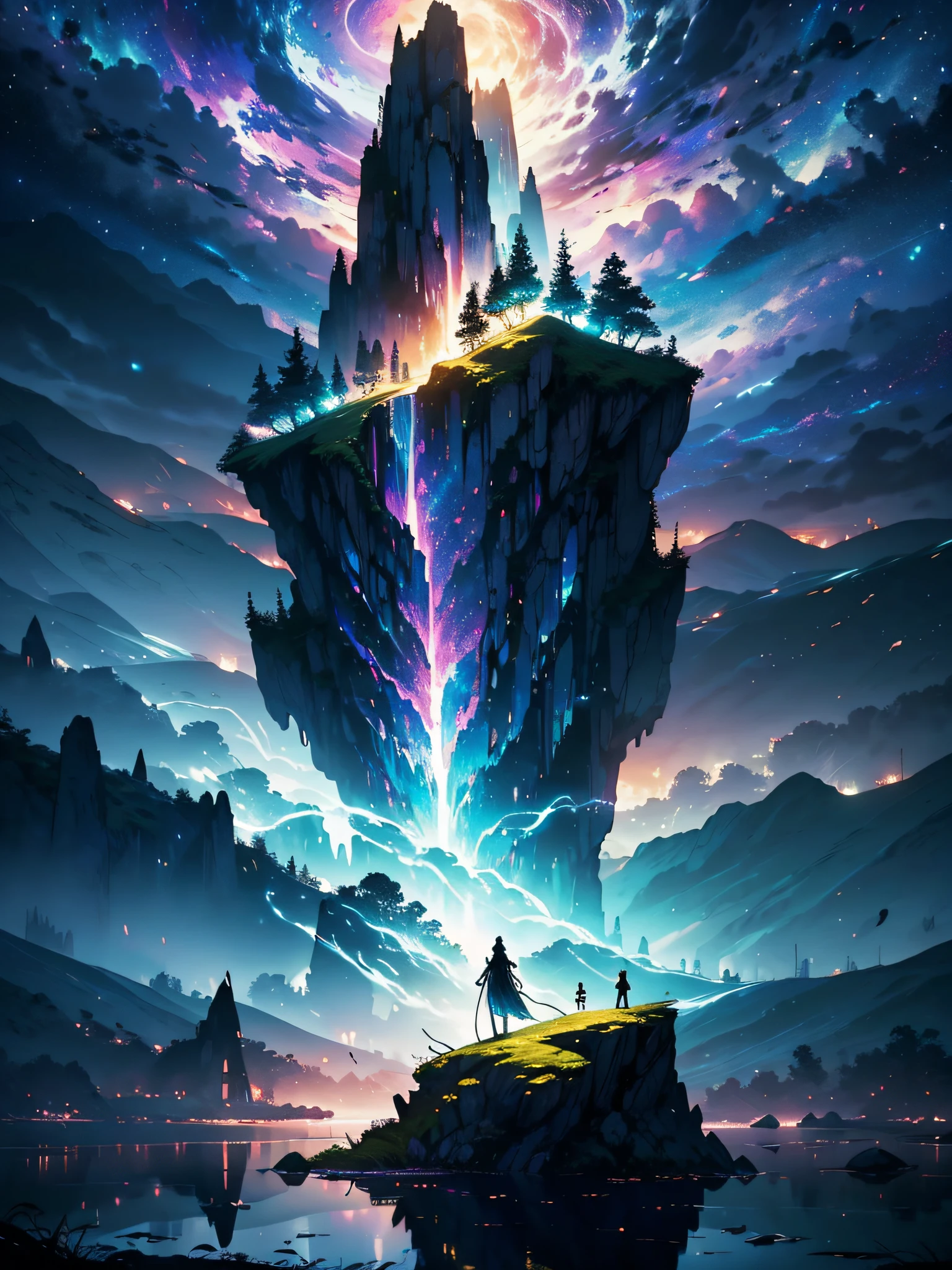 A photograph that captures the essence of a magical dream - like the world. An epic and legendary cliff that hangs over a beautiful lake, com cores surreais e vibrantes iluminando seu reflexo. The atmosphere is otherworldly, with soft night light casting ethereal shadows. The image creates a sense of depth and mystery, as if the viewer is being transported to another dimension, Creating a beautiful and haunting composition. Fotografado com uma Canon EosIII Zeiss de 120mm de largura