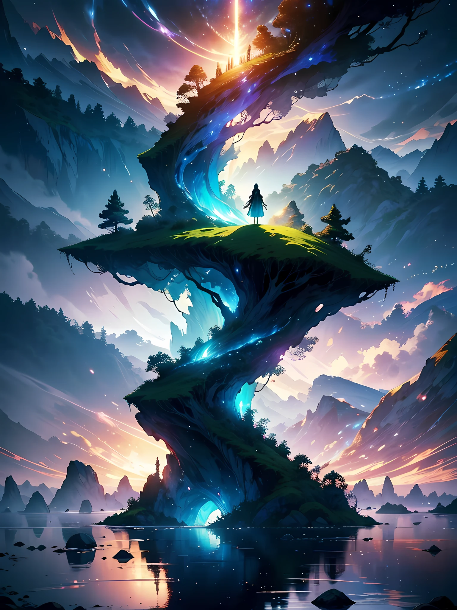 A photograph that captures the essence of a magical dream - like the world. An epic and legendary cliff that hangs over a beautiful lake, com cores surreais e vibrantes iluminando seu reflexo. The atmosphere is otherworldly, with soft night light casting ethereal shadows. The image creates a sense of depth and mystery, as if the viewer is being transported to another dimension, Creating a beautiful and haunting composition. Fotografado com uma Canon EosIII Zeiss de 120mm de largura