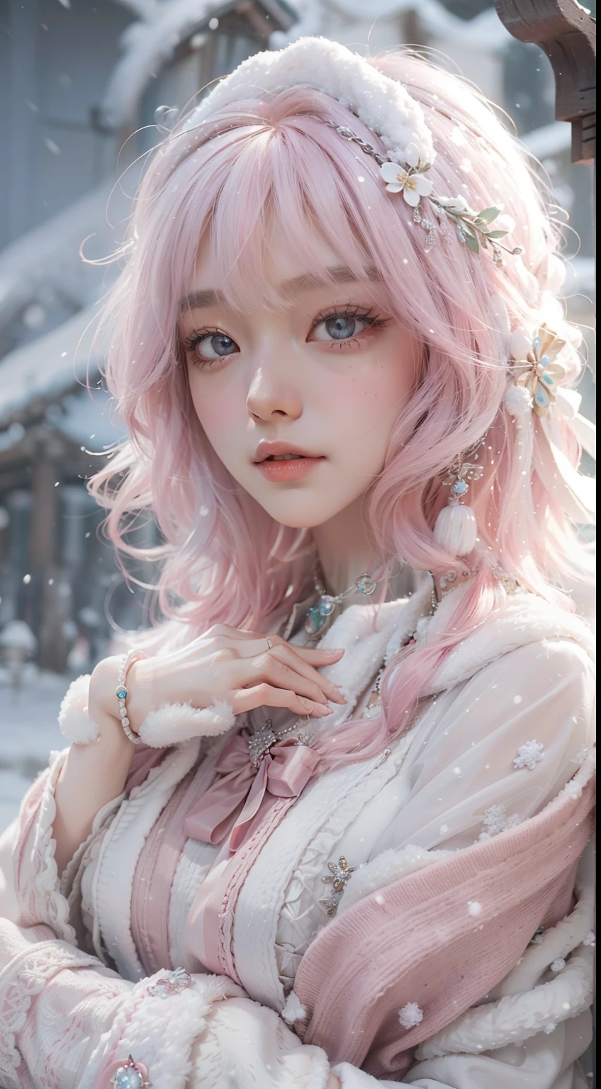 Works of masters，Best image quality，超高分辨率，8K分辨率，first person perspective，(full bodyesbian)，Squat and sit，s the perfect face，Glowing skin，Exquisite facial features，solo person，femele，ssmile，long whitr hair，Pink hair，crossed bangs，Wave head，Bracelet，Collar，pendant，ta costume，snowflower，Winters，Temple，New Year，Opal rendering，Cinematic lighting，Heavy snow，cloaks，