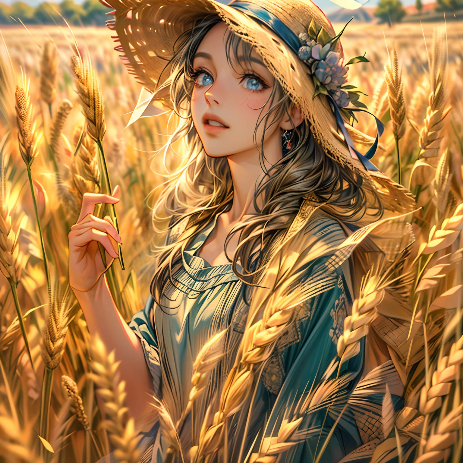 In a golden wheat field, A girl in a Klein blue dress stood gracefully. She wears a golden straw hat,It adds a touch of elegance to her appearance. Her eyes are beautifully detailed, And her lips are also beautiful. The sun was shining on her, casting a warm and inviting glow. The wheat sways gently in the breeze, Give the scene a sense of movement and serenity. Overall image quality is the highest, The resolution is 4K or 8K. It has ultra-detailed elements and realistic rendering. The style of the artwork is in the form of illustrations, Blend with vivid and vibrant colors. The scene is bathed in a tranquil palette, Available in warm and pastel tones, Golden light.