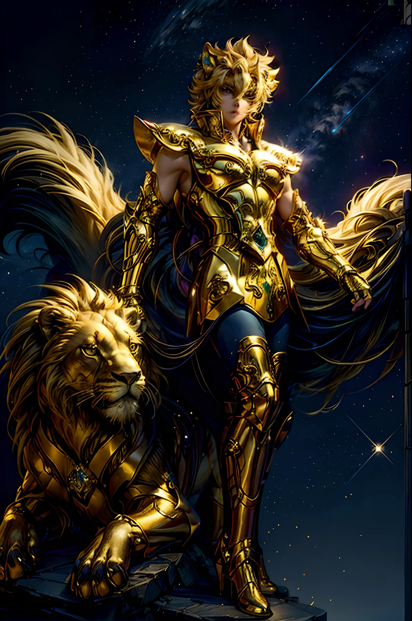 （tmasterpiece，hoang lap，high quarity，best qualtiy，Hyper-detailing，big breasts beautiful）,Magic Golden Leo: Anthropomorphic representation of the magical golden Leo.
People with yellow hair々: Man with bright yellow hair, Exudes a seductive aura.
Lion Companion: Stand next to people, The majestic lion is covered with charming star motifs.
Mysterious starry sky background: Vibrant, Colorful galaxy background, Shimmering with magic light.