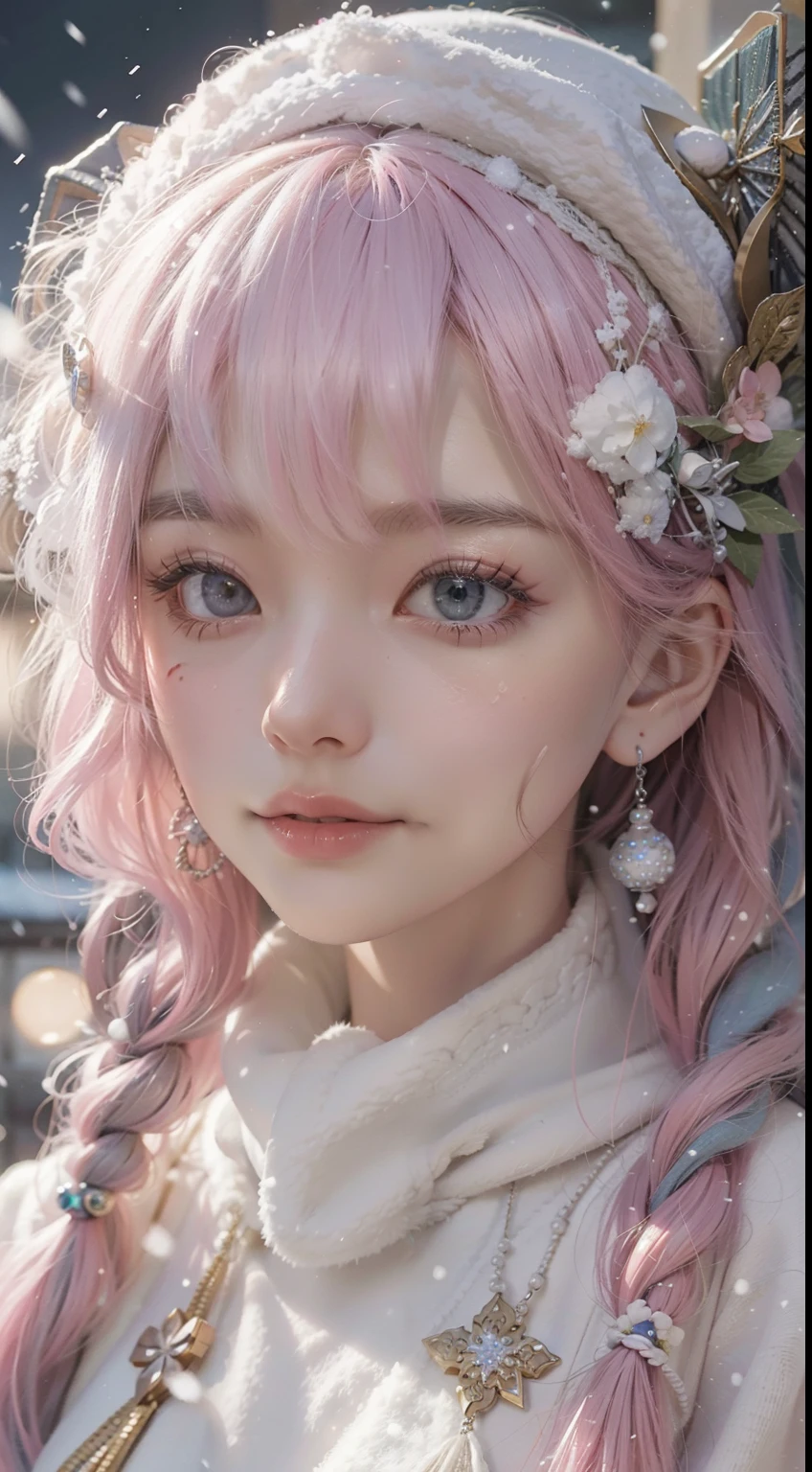 Works of masters，Best image quality，超高分辨率，8K分辨率，first person perspective，Sitting，Exquisite facial features，solo person，femele，ssmile，long whitr hair，Pink hair，crossed bangs，Wave head，Bracelet，Collar，pendant，Lolita costume，snowflower，Winters，Temple，New Year，Opal rendering，Cinematic lighting，(Heavy snow，cloaks)，