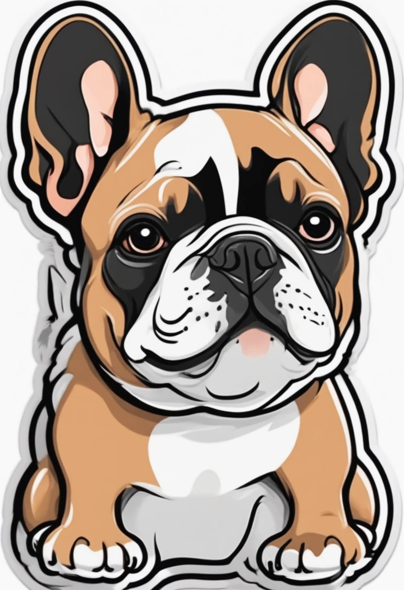 sticker design with outline, a cartoon and simple french Bulldog, vector, illustration, white background, quality 300 DPI.