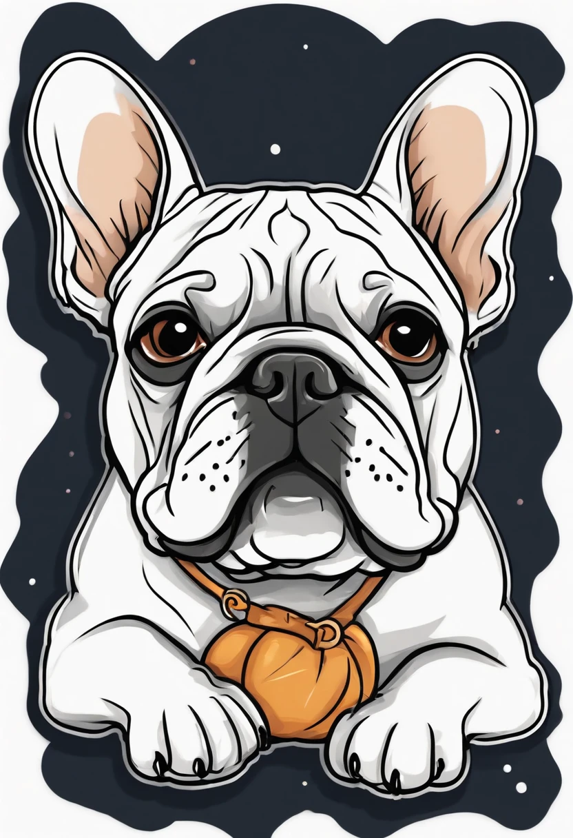 sticker design with outline, a cartoon and simple french Bulldog, vector, illustration, white background, quality 300 DPI.