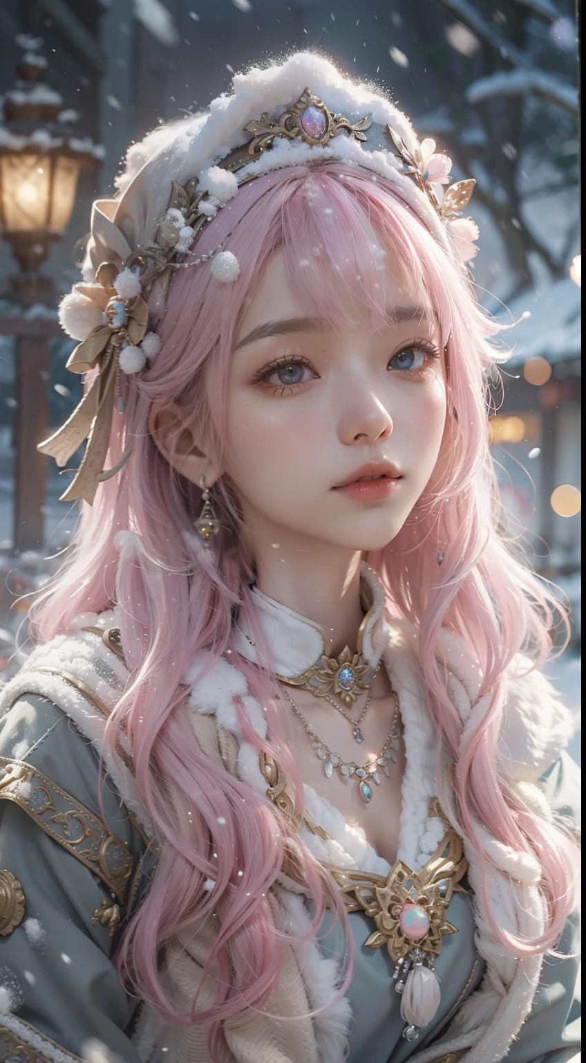 Works of masters,Best image quality,8K分辨率,Sitting,solo person,femele,ssmile,long whitr hair,Pink hair,crossed bangs,Wave head,Bracelet,Collar,pendant,Lolita costume,snowflower,Winters,Temple,New Year,Opal rendering,Cinematic lighting,(Heavy snow,cloaks),