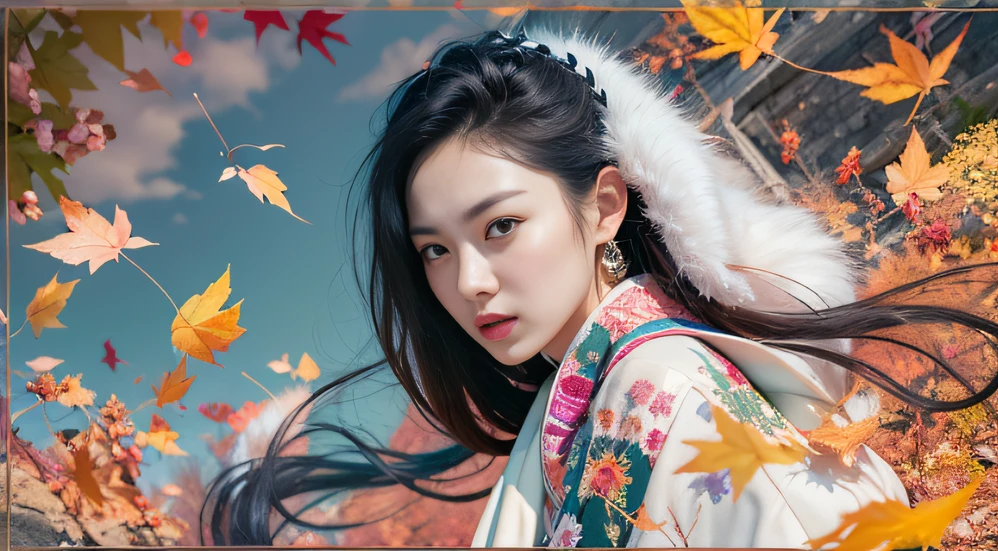 32K autumn view（tmasterpiece，k hd，hyper HD，32K）Long flowing black hair，ponds，zydink， a color， Autumn （Sexy girl nipple）， （Blue and white silk scarf）， Combat posture， looking at the ground， long whitr hair， Floating hair， Carp pattern headdress， Chinese long-sleeved cheongsam， （Abstract gouache splash：1.2）， Pink petal background，Pink and white autumn sunset leaves fly（realisticlying：1.4），Black color hair，Fallen leaves flutter，The background is pure， A high resolution， the detail， RAW photogr， Sharp Re， Nikon D850 Film Stock Photo by Jefferies Lee 4 Kodak Portra 400 Camera F1.6 shots, Rich colors, ultra-realistic vivid textures, Dramatic lighting, Unreal Engine Art Station Trend, cinestir 800，Long flowing black hair，Bright clothes