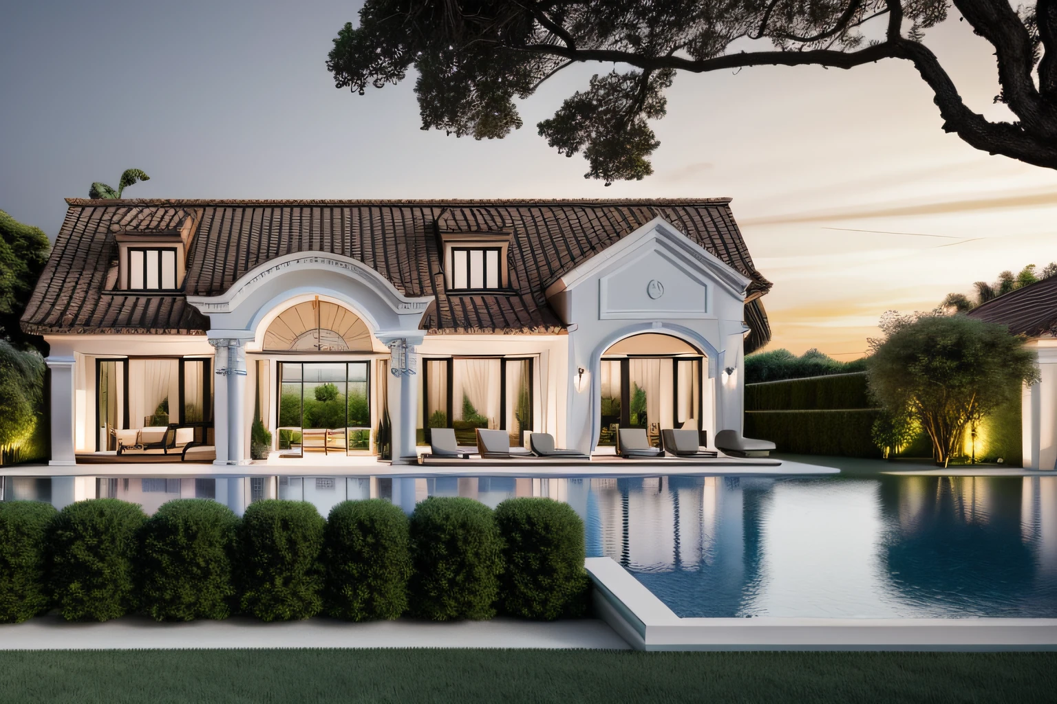 RAW photo, real, best quality, Neoclassic and luxurious villa inside a residential filled with green, scale, high details, sunse