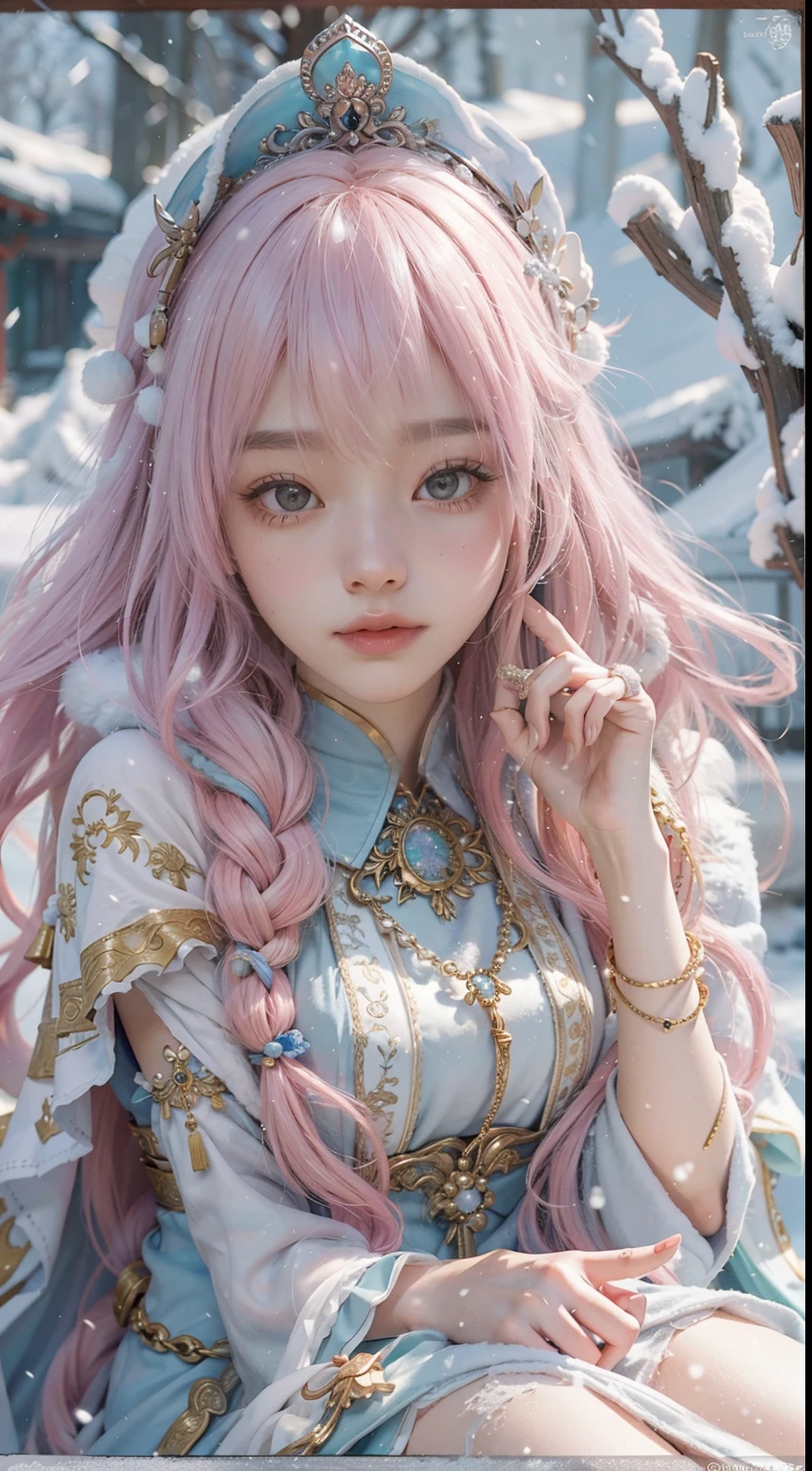 Works of masters，Best image quality，8K分辨率，Sitting，solo person，femele，ssmile，long whitr hair，Pink hair，crossed bangs，Wave head，Bracelet，Collar，pendant，****ta costume，snowflower，Winters，Temple，New Year，Opal rendering，Cinematic lighting，(Heavy snow，cloaks)，