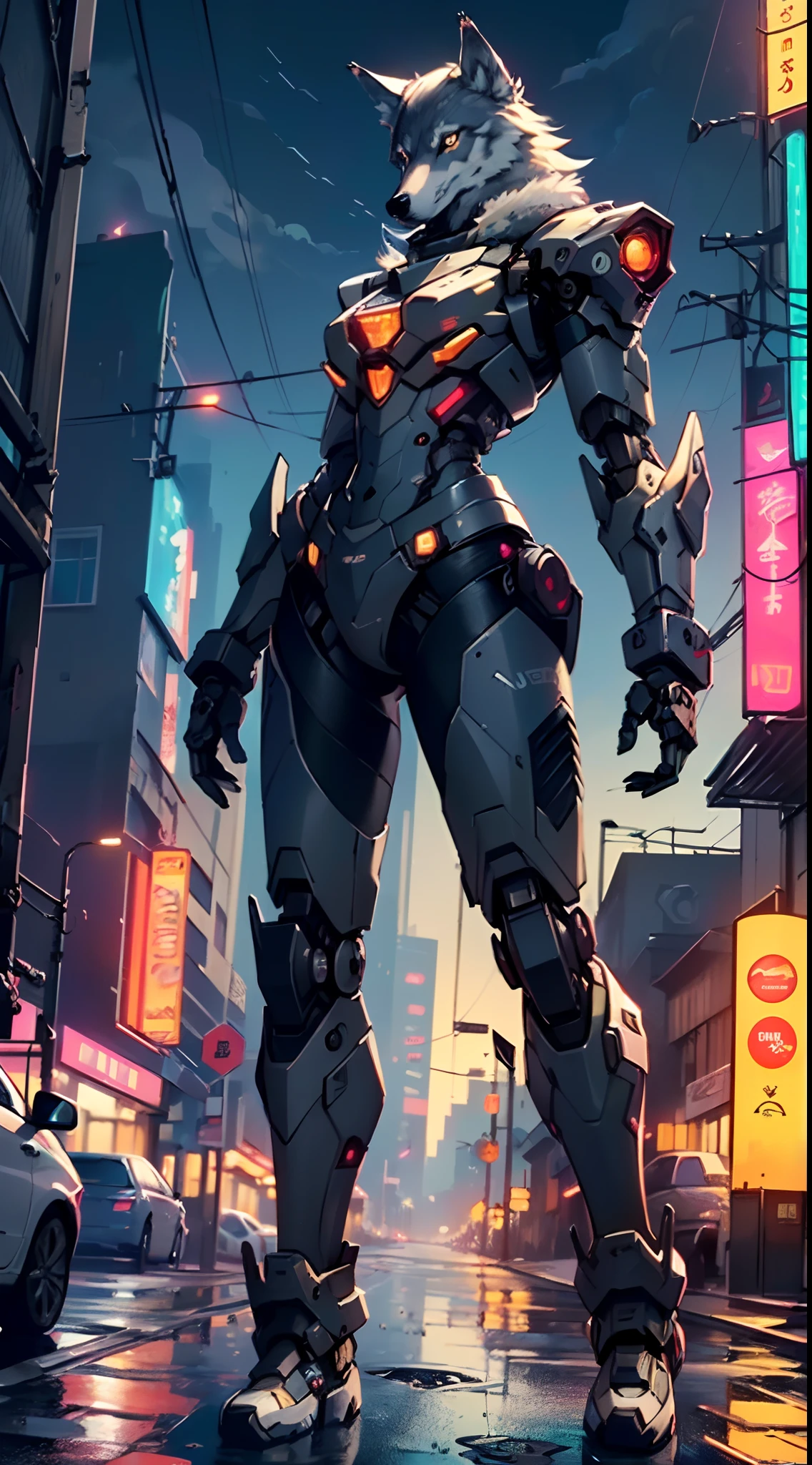 (((A mechanical wolf,cyborg wolf,cyborg-wolf,animal,wolf robot))),no human,detailed wolf,intricate mechanic wolf,robot animal,

(dynamic pose:1.0),solo focus,(centered,scale to fit dimensions,Rule of thirds),

cyberpunk city by the ocean at night, with bright neon signs and dark stormy clouds and puddles, scenery:1.25,

highres, sharp focus, (ultra detailed, extremely detailed), (photorealistic artwork:1.37),(extremely detailed CG unity 8k wallpaper),((synthwave background theme)),(((vibrant colors))),(intricate background),(masterpiece),(best quality),
