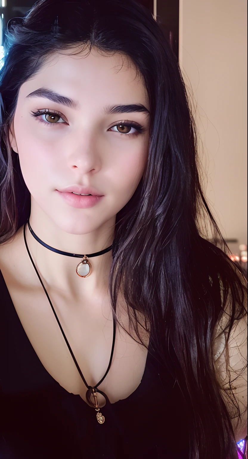 Full face portrait photo of a 25-year-old European girl, RAW, beautiful woman, semi-open strawberry lips, dimples, wistful look, (extra long wavy brown hair), ((detailed face)), ((detailed facial features)), (finely detailed skin), pale skin, (deep neckline detailed high-tech cyberpunk dress), cyberpunk megacity environment, (cool colors), damp, damp, reflections, (masterpiece) (perfect proportion)(realistic photo)(best quality)  (detailed) shot on a Canon EOS R5, 50mm lens, F/2.8, HDR, (8k) (wallpaper) (cinematic lighting) (dramatic lighting) (sharp focus) (intricate),RAW photo, gigachad photo, posing for camera, 8k uhd, dslr, high quality, grain film, Fujifilm XT3
