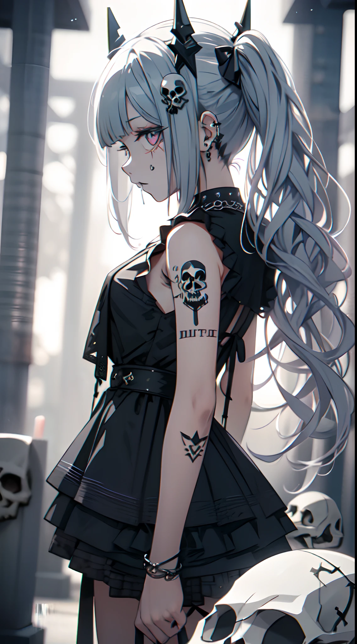 Adornos para el cabello、piercings、tatuaje、godo_punk, 1chica en, solo,、highest qualityr, fotorrealista, Unas ilustraciones ultrafinas, Hermosa chica de anime atractiva,(mini vestido:1.4),  Miku hatsune, cuerpo delgado, cabello atado, a  girl, A picture of a girl, Toma de cuerpo completo, Hermosos ojos azules:1.4, Convertido,arete、Adornos para el cabello、jewely、Miku hatsune、(fondo Skull Night Cemetery:1.4), motor irreal:1.4,UHD,La mejor calidad:1.4, fotorrealista:1.4, textura de la piel:1.4, obra maestra:1.8,(detailed:1.4),