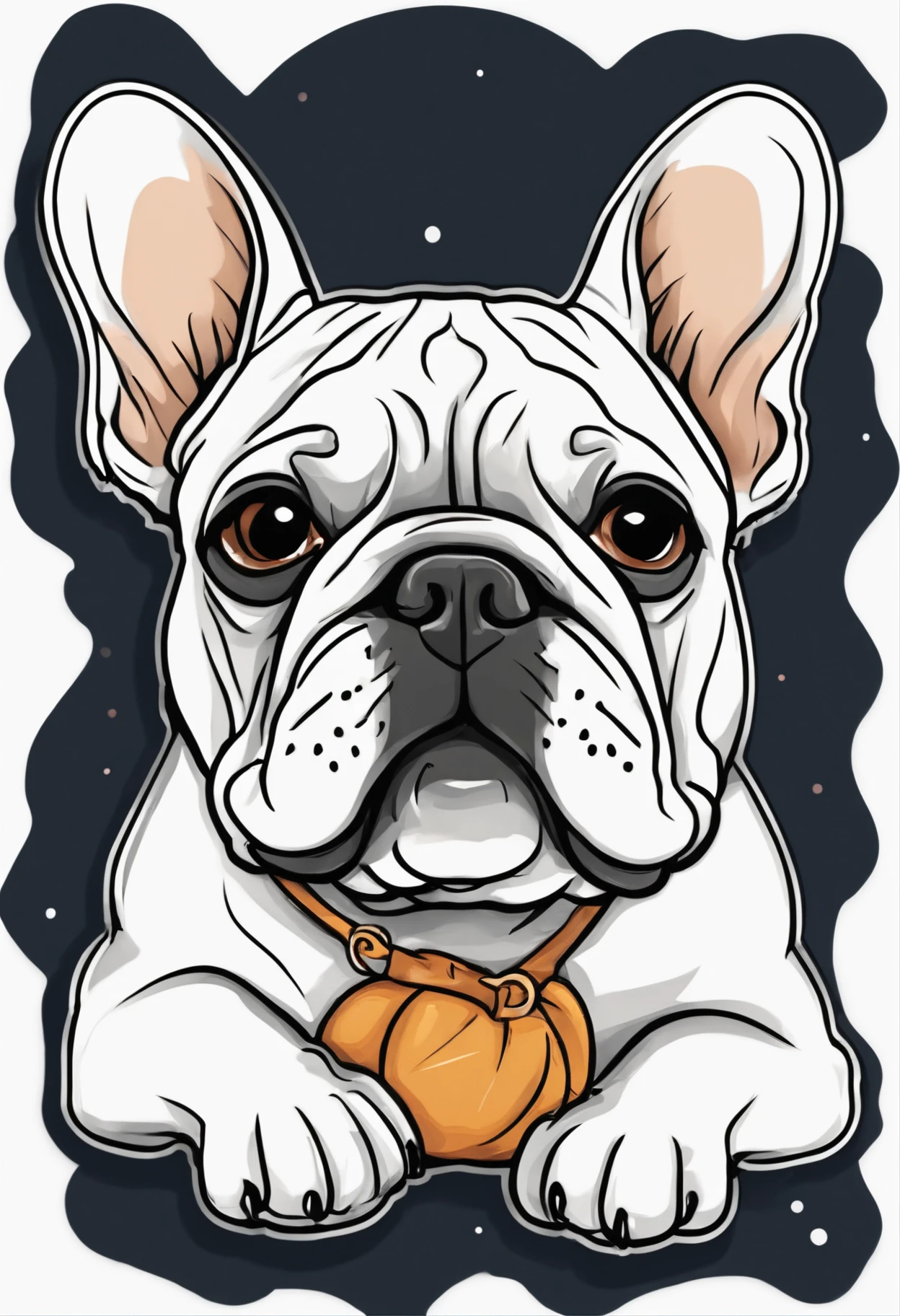 sticker design with outline, a cartoon and simple french Bulldog, vector, illustration, white background, quality 300 DPI.