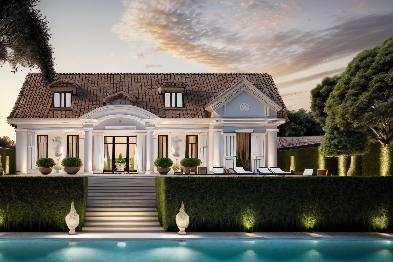 RAW photo, real, best quality, Neoclassic and luxurious villa inside a residential filled with green, scale, high details, sunse