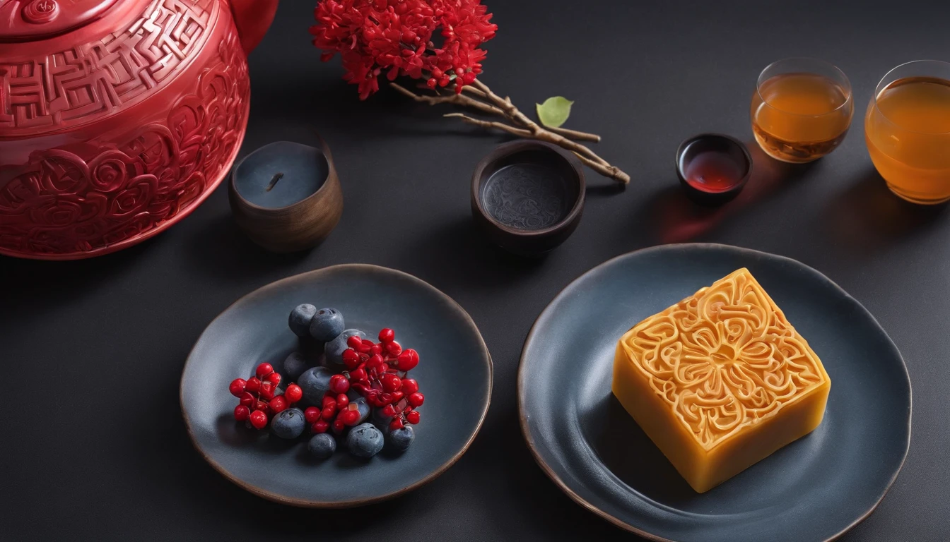 Mid-Autumn Festival，delicacies{{Moon cake}}，Tea，sweet osmanthus，Distance{Full moon}，The background of a red gradient，Anatomically correct，High quality, Best quality, A high resolution