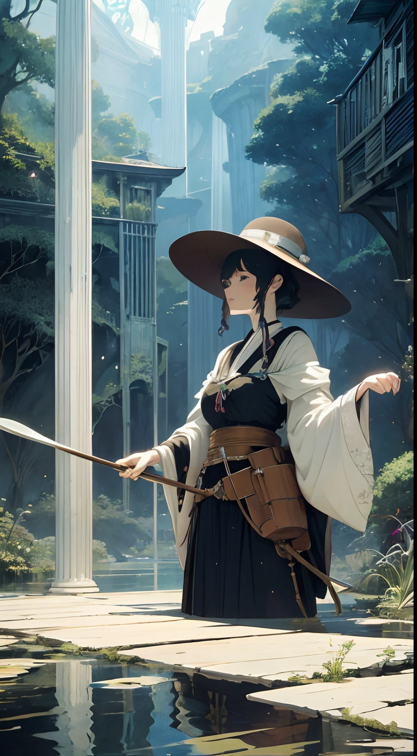 Heath Robinson, Eugène Grasset, Japanese anime, surreal mysterious strange bizarre sci-fi fantasy, underground journey, underground moon, crystal river canoeing girl, hyperdetailed high resolution high definition high quality masterpiece, detailed face