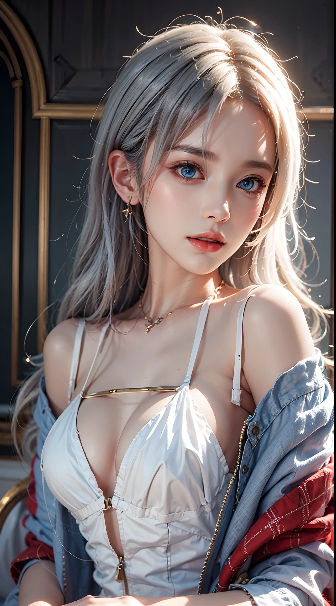 photorealistic, masterpiece, photorealistic, high resolution, soft light, waist up, blue eyes, white hair, long hair, Babydoll dress