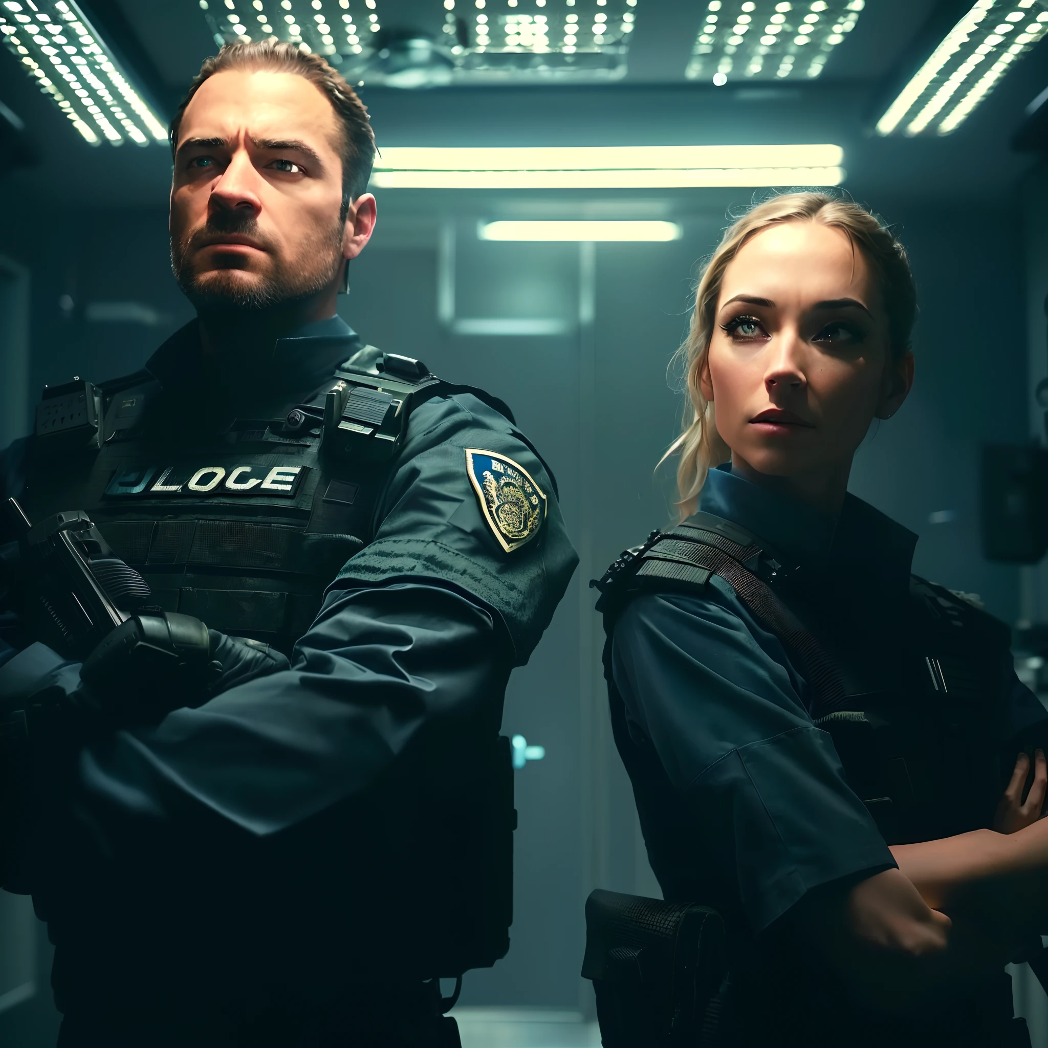 arafed image of a man and a woman in uniform standing in a room, movie still 8 k, medium shot of two characters, 8 k movie still, from a 2 0 1 9 sci fi 8 k movie, police officers, sci-fi cinematic movie still, cinematic scifi shot, cinematic close shot, by Adam Marczyński, realistic cinematic shot