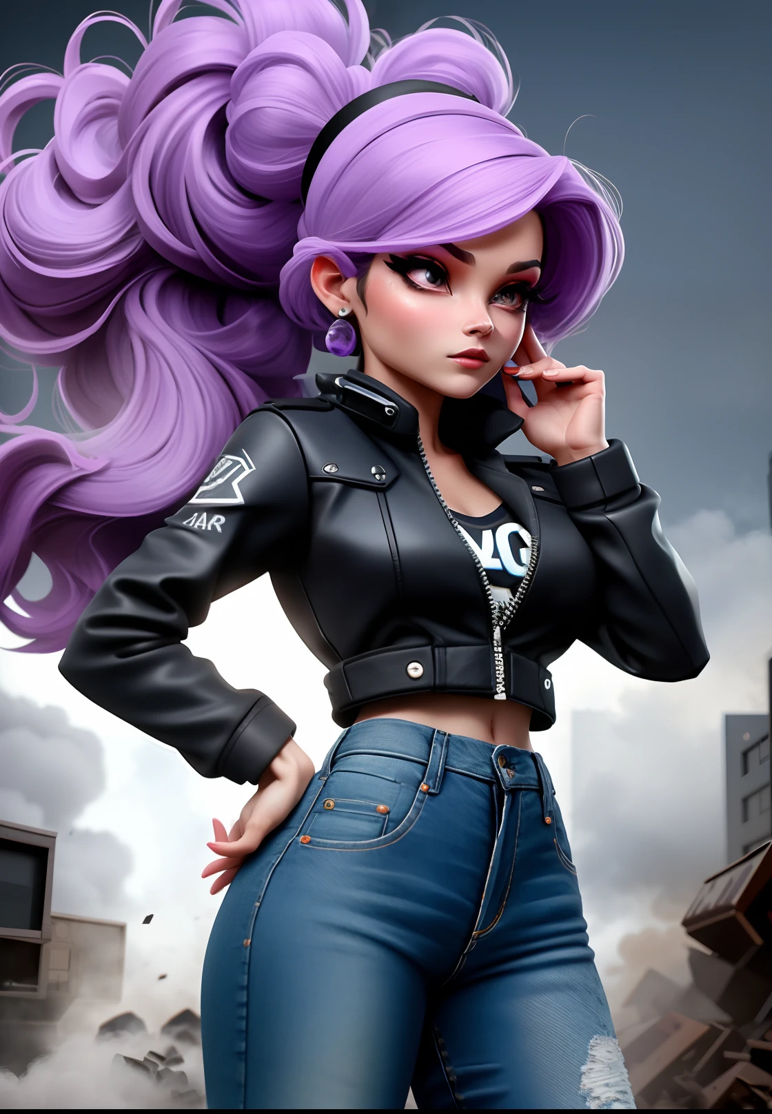 Mabel, a lutadora de rua, lilac hair, corpo atletico, jaqueta de couro preta, Tampo tanque preto, ripped jeans, Botas pretas, on an apocalyptic roof, corpo inteiro, 1:1 ratio, 3D animation, ultra detalhado, Highlight lighting , Qualidade de imagem superior. –ar 1:1 –s 1000 –q 5