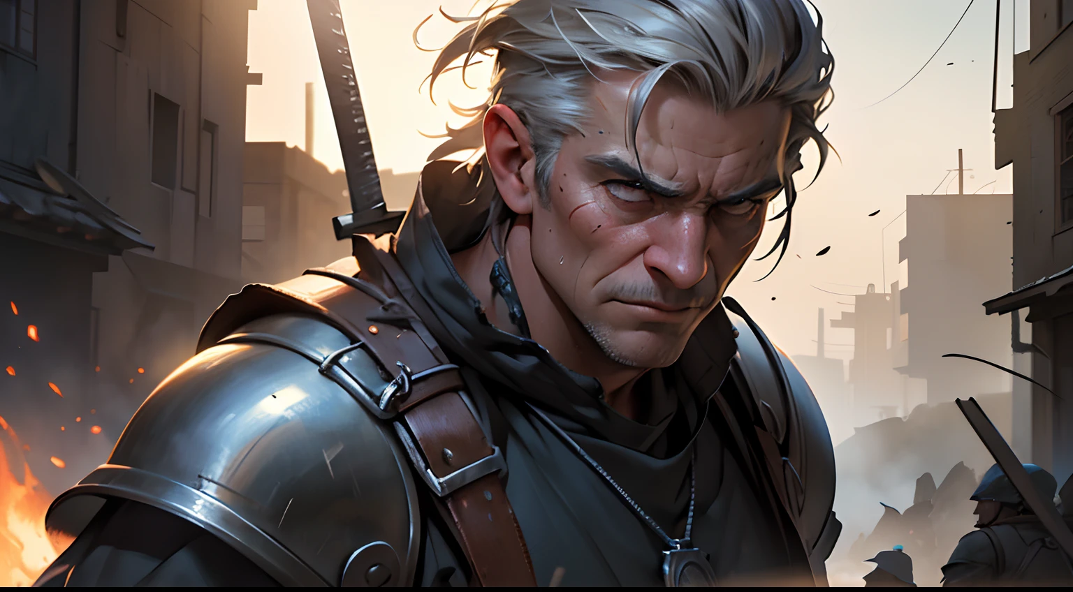 masterpiece, best quality, an close up of badass man standing in a dark room, he is wearing a overcoat, is a cinematic painting, he has blue eyes, the painting has an pefec lighting, the image transmit an misteryous feeling, there is a fog, dramatic light, his hair is white, BREAK gray hair, oil painting, artistic, creative, 4k, detailed, (close up), magic,witcher, spell, fantasy,a steampunk style mixed with fantasy