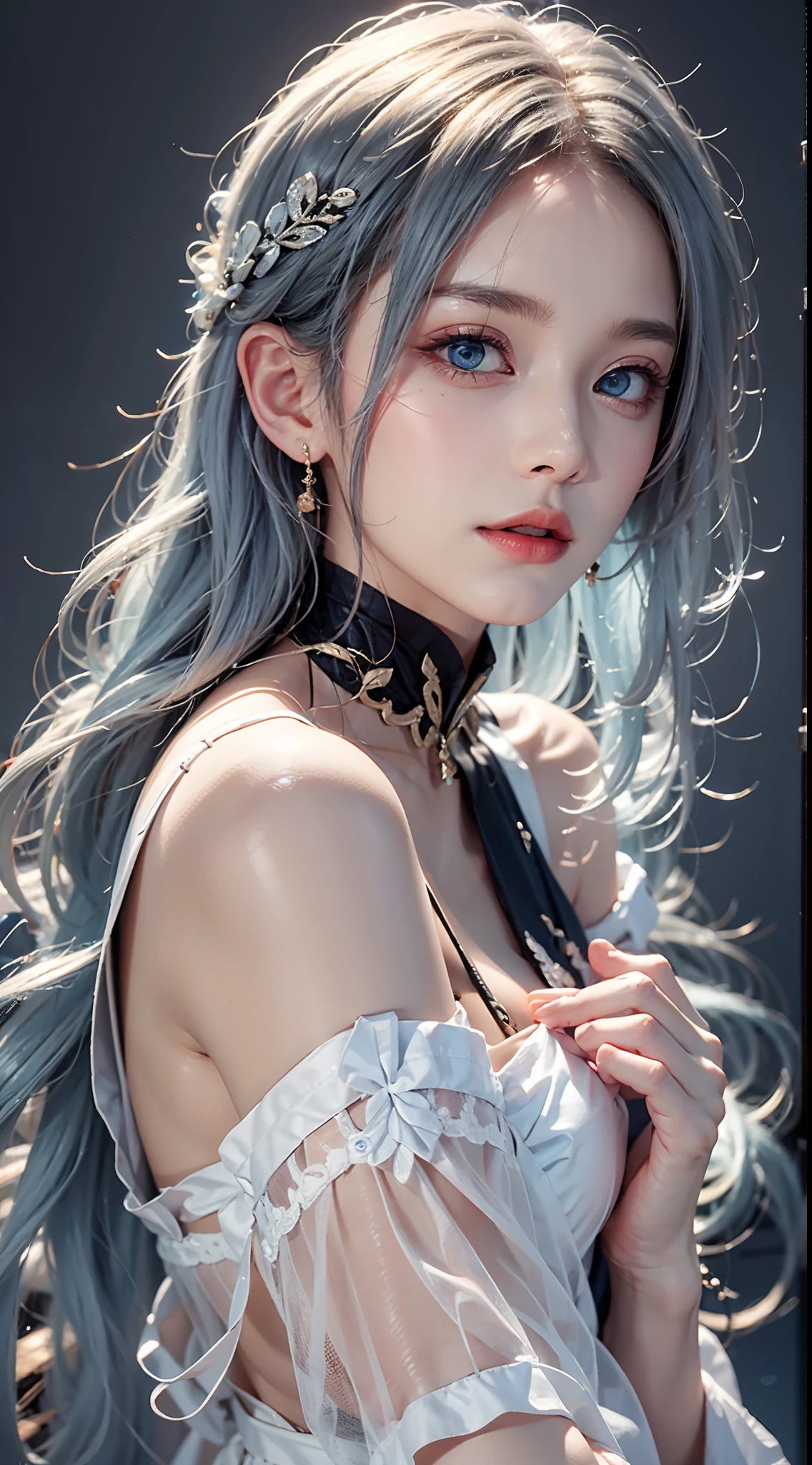 (masterpiece), (best quality), (ultra detailed),(disheveled hair),(illustration), (1girl), (Fashionable clothing), standing, Fashion model, looking at viewer, (interview), (simple background),beautiful detailed eyes, delicate beautiful face, Floating,(high saturation),(colorful splashes),colorful bubble,(shining), focus on face, kamisato ayaka, light blue hair, bangs, hair ring, floating flowers, floating hairs.Girl, anime waifu, looking at viewer, highlydetailed, reflections transparent iridescent colors, long transparent iridescent RGB hair, artby Serafleur from artstation, thick acrylic,illustration on pixiv, waist up portrait, gorgeoussacred girl, best quality, ultra detailed,sad,clever,beautiful face , beautiful lighton black background, Character stvle renderedby Octane,
