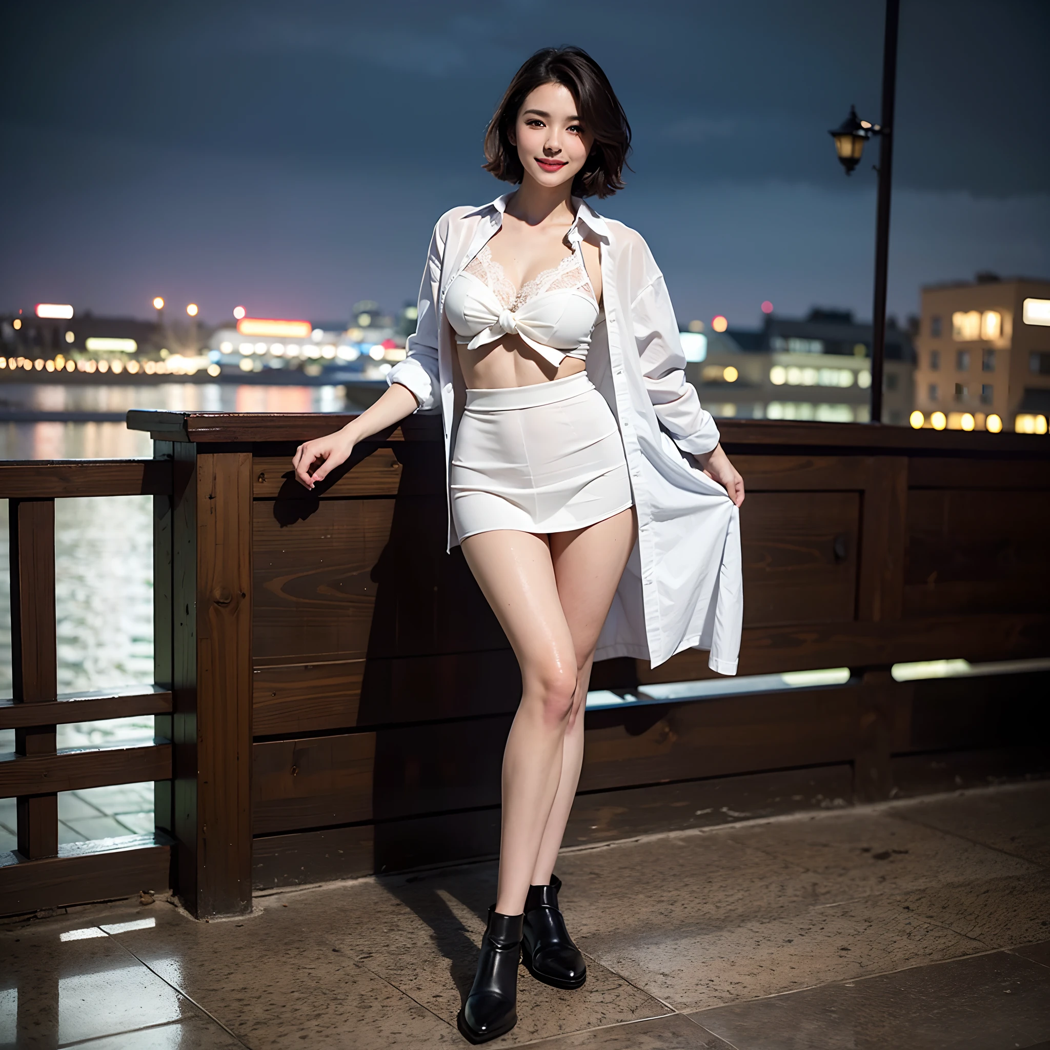 (8K, Best Quality, masutepiece:1.2), (Realistic, Photorealsitic:1.37), Ultra-detailed,((( 1 girl))),Solo,Beautiful detailed sky,Detailed Cafe,Night,Sitting,Dating,(nose blush),(Smile:1.15),(Closed mouth) Small breasts,Beautiful detailed eyes,(Shirt:1.1), Night, Wet, Rain,White lace, (Short hair:1.2),Floating Hair NovaFrogStyle, ((Full body)),to stand, Sexy, Cute