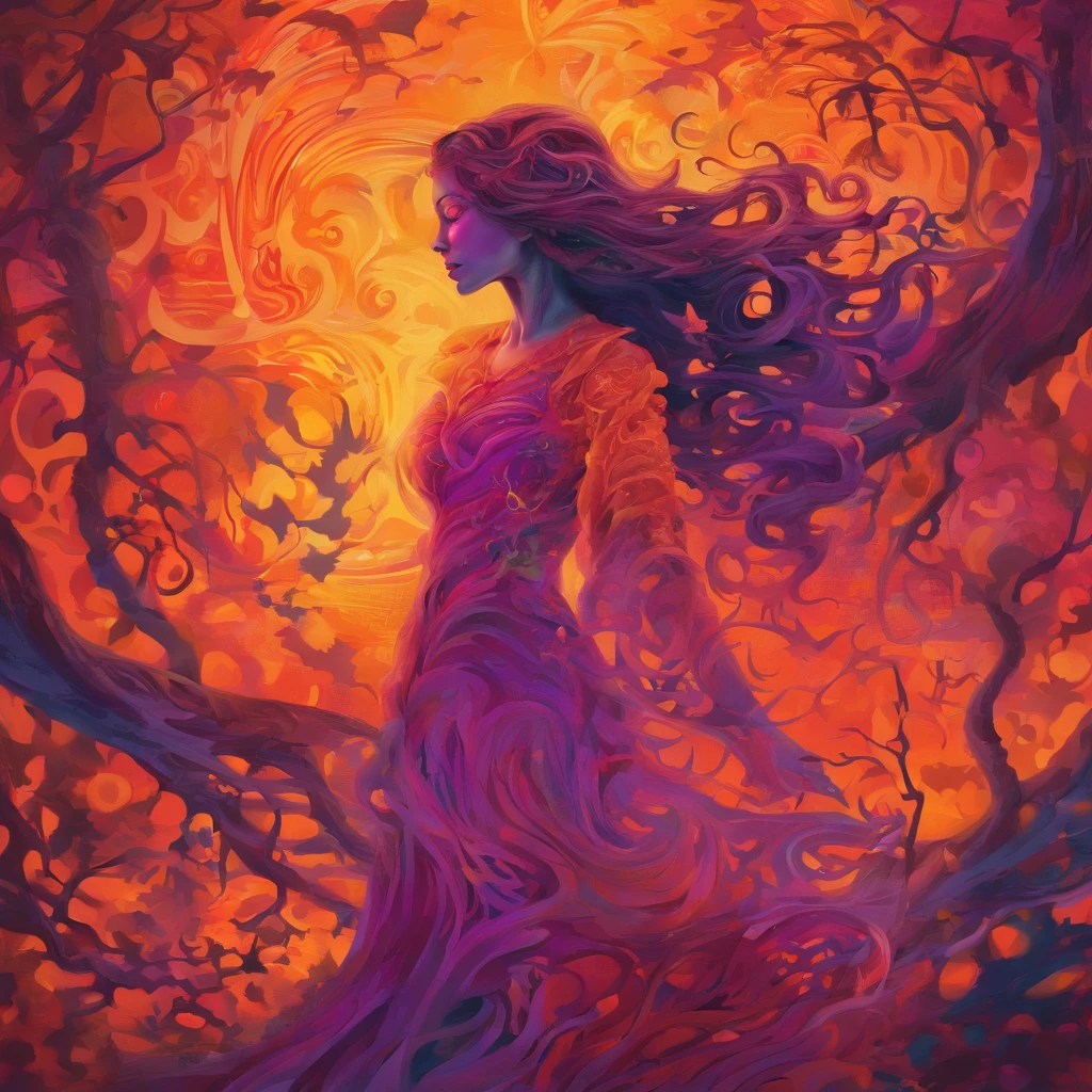 "(best quality, highres, ultra-detailed), The goddess casting mystical glowing spells in a haunted forest, orange and purple hues, portraits, vivid colors, extreme detail description, sharp focus, physically-based rendering, studio lighting, horror, witch, magical, eerie atmosphere, swirling fog, ethereal glow, ancient trees, twisted branches, moonlit sky, mysterious shadows, spellbinding, enchanting, hauntingly beautiful"