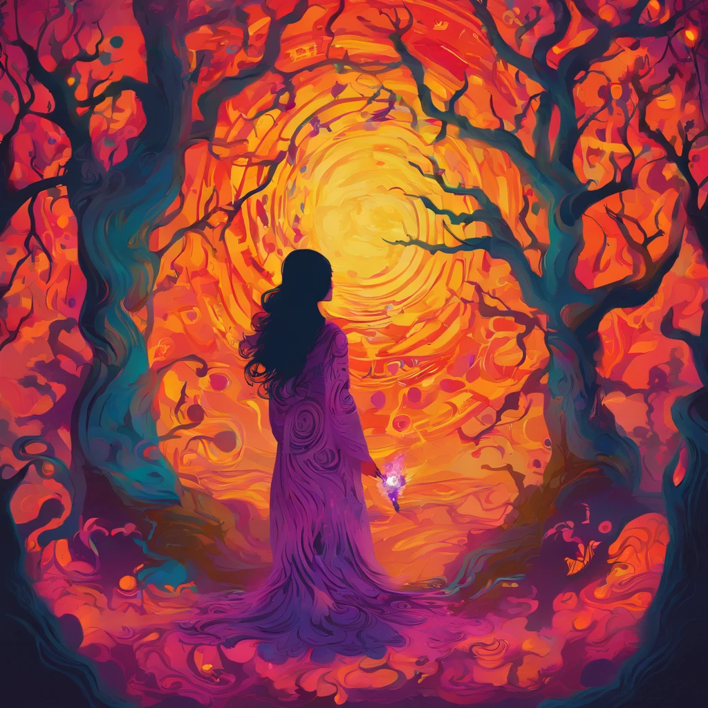 "(best quality, highres, ultra-detailed), The goddess casting mystical glowing spells in a haunted forest, orange and purple hues, portraits, vivid colors, extreme detail description, sharp focus, physically-based rendering, studio lighting, horror, witch, magical, eerie atmosphere, swirling fog, ethereal glow, ancient trees, twisted branches, moonlit sky, mysterious shadows, spellbinding, enchanting, hauntingly beautiful"