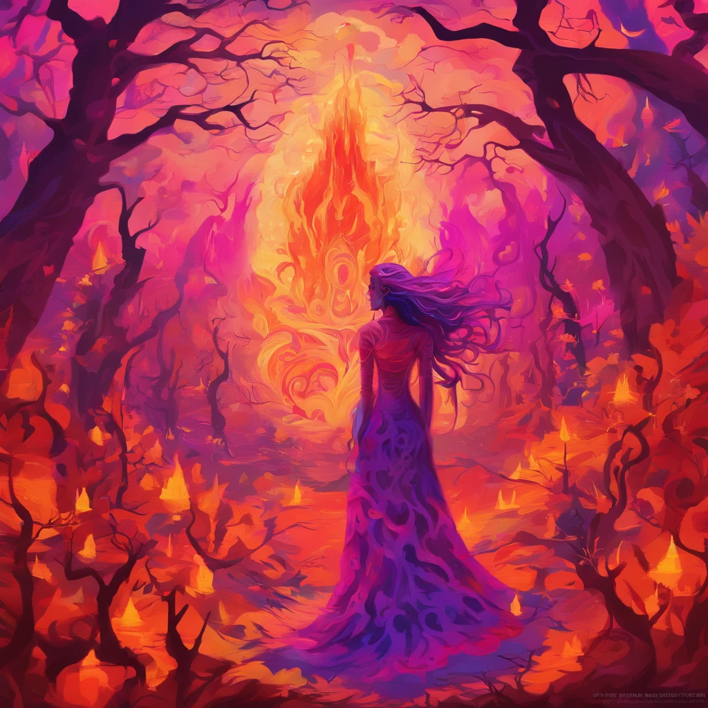 "(best quality, highres, ultra-detailed), The goddess casting mystical glowing spells in a haunted forest, orange and purple hues, portraits, vivid colors, extreme detail description, sharp focus, physically-based rendering, studio lighting, horror, witch, magical, eerie atmosphere, swirling fog, ethereal glow, ancient trees, twisted branches, moonlit sky, mysterious shadows, spellbinding, enchanting, hauntingly beautiful"