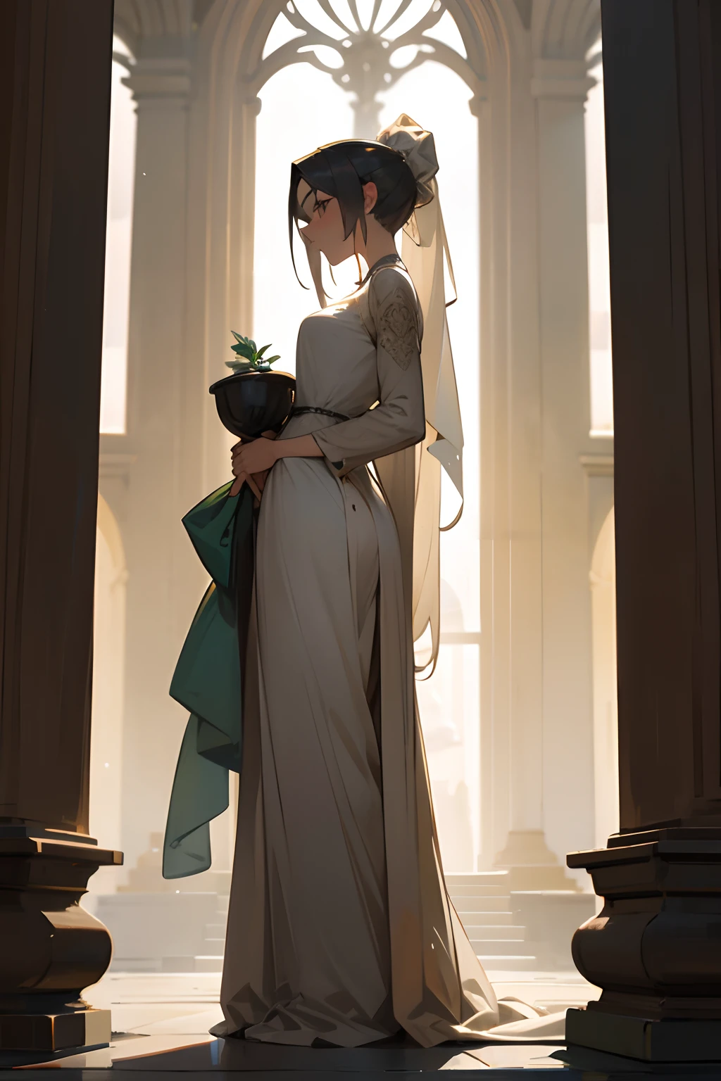 Woman made of stone, wearing a long dress with her hair tied back.