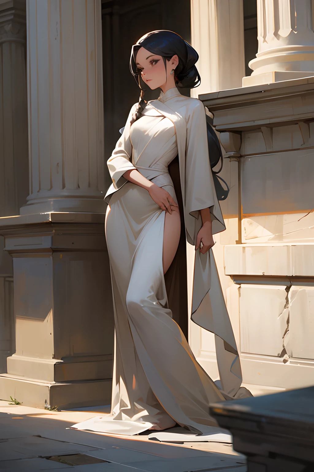 Woman made of stone, wearing a long dress with her hair tied back.