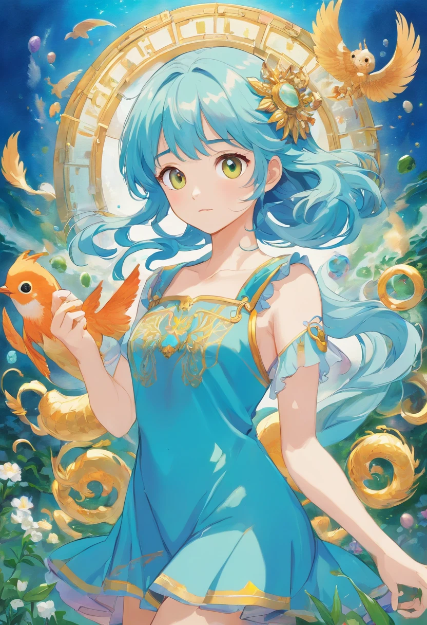 ( alta qualidade , ultra detalhado, Hand care )Zodiac - Goddess of Gemini , similar to Latin goodness , Twin Goddess , curioso, clever, humorous, sedutor, Rosto imaginativo , Sometimes impractical, inquieto, nervoso, estilo descuidado , olhos castanhos claros , cabelos loiros claros , vestido transparente , no oceano com vento , corpo inteiro , look de maquiagem de paquera ,