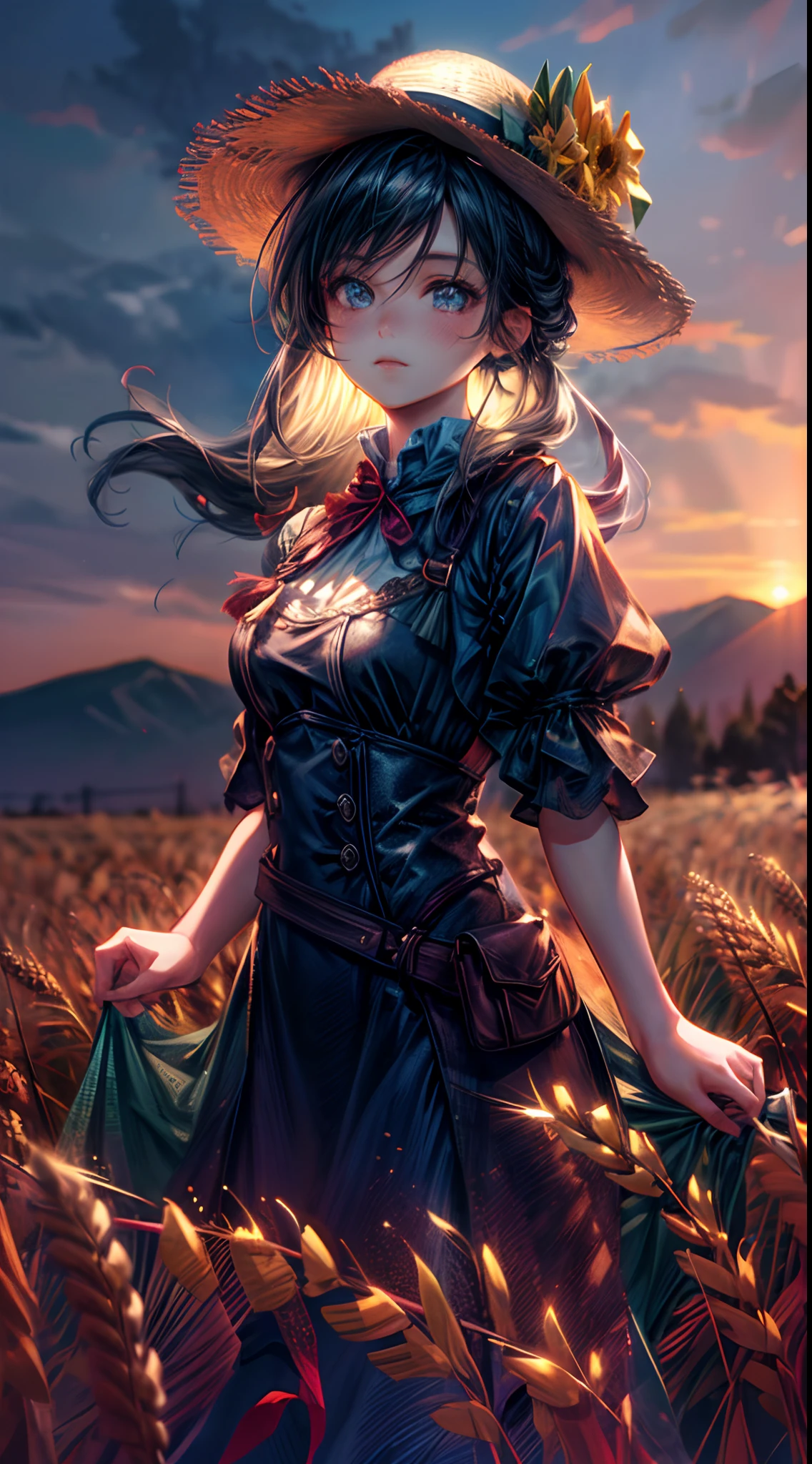 (full bodyesbian,3D ,Best renderer,real rendering:1.3)In a golden wheat field, A girl in a Klein blue dress stood gracefully. She wears a golden straw hat,It adds a touch of elegance to her appearance. Her eyes are beautifully detailed, And her lips are also beautiful. The sun was shining on her, casting a warm and inviting glow. The wheat sways gently in the breeze, Give the scene a sense of movement and serenity. Overall image quality is the highest, The resolution is 4K or 8K. It has ultra-detailed elements and realistic rendering. The style of the artwork is in the form of illustrations, Mix with vivid, vibrant colors. The scene is bathed in a tranquil palette, Available in warm and pastel tones, Golden light.