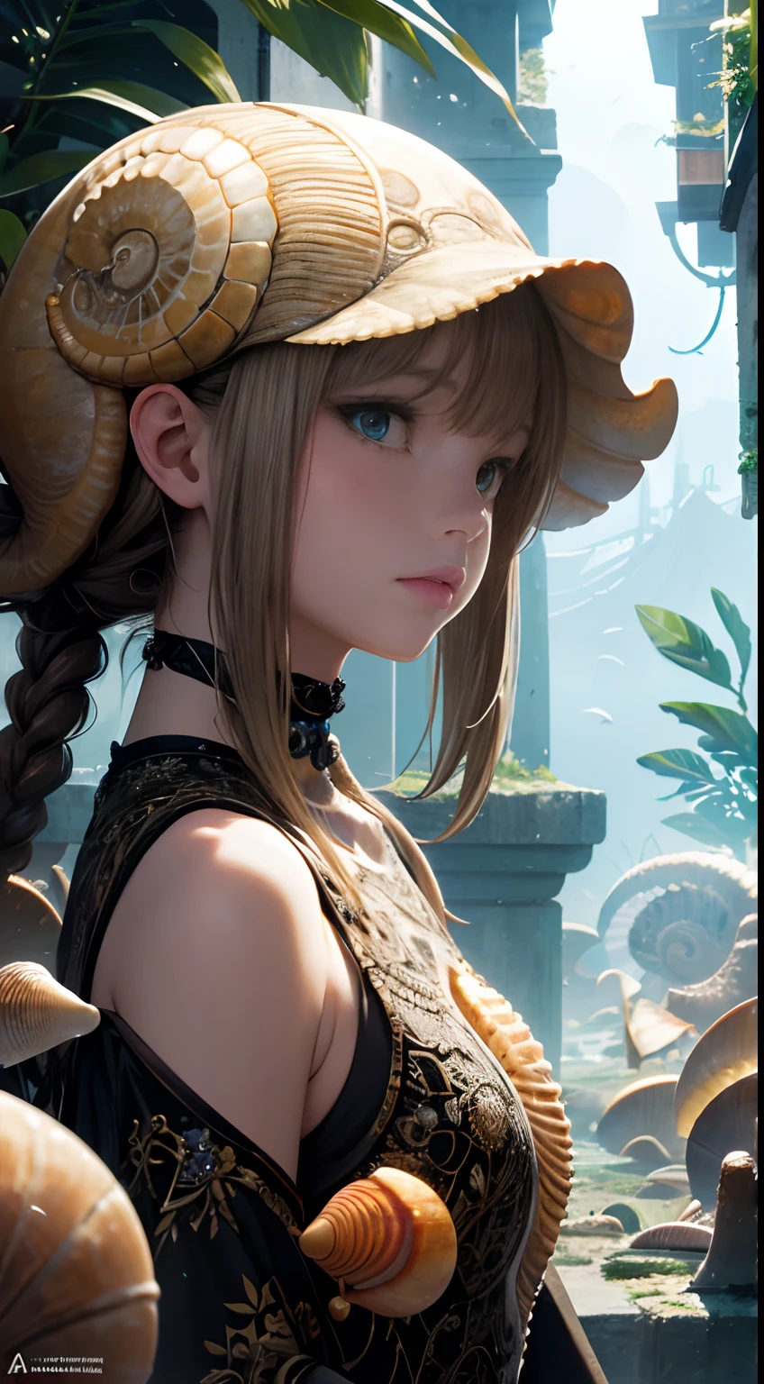Christian Riese Lassen, Anne Anderson, Adrienne Segur, Japanese Anime, Surreal Mysterious Bizarre Sci-fi Fantasy Seashell Graveyard, Ammonite, Conch, a beautiful girl, hyperdetailed high resolution high definition high quality masterpiece, fine lines, detailed face