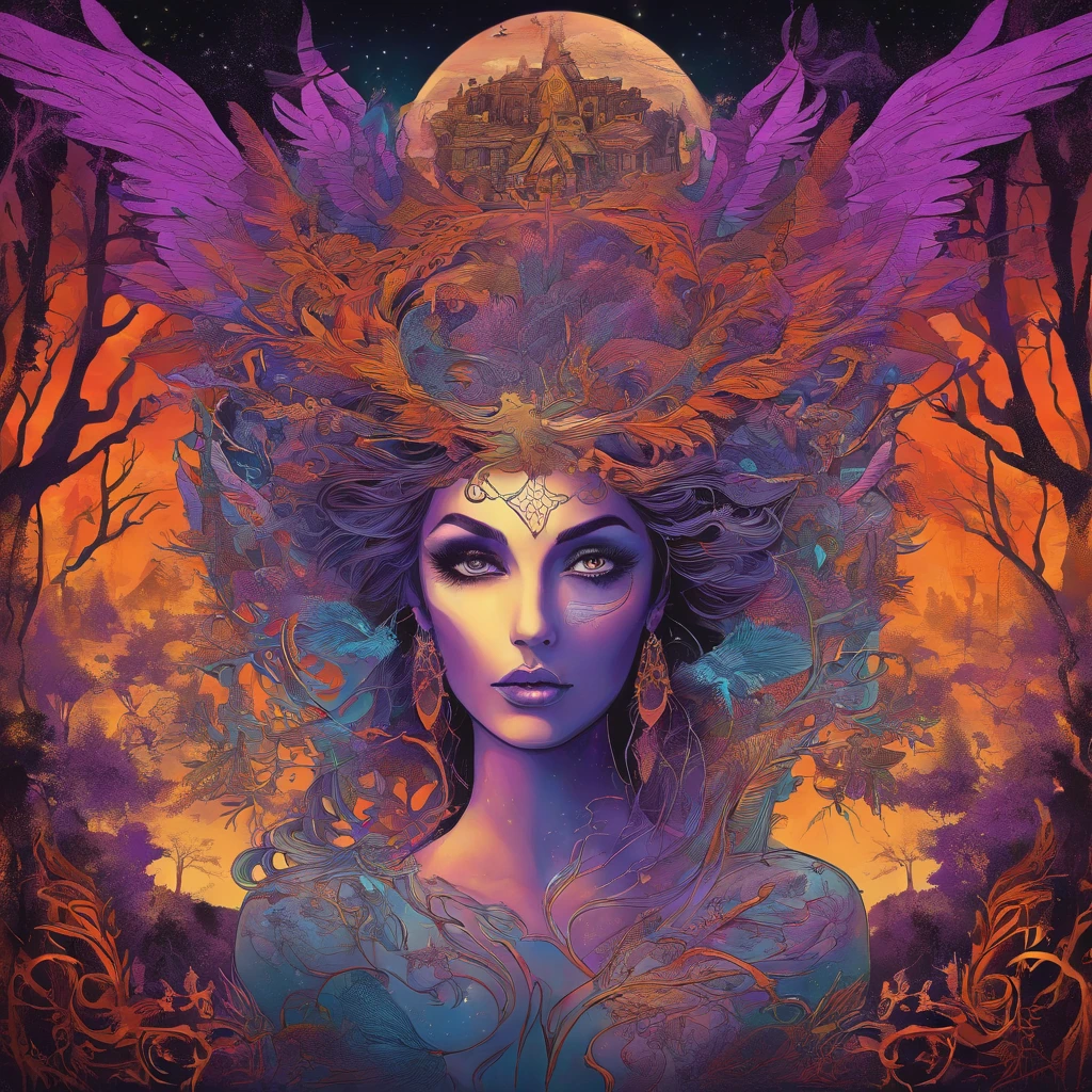 "(best quality, highres, ultra-detailed), The goddess casting mystical glowing spells in a haunted forest, orange and purple hues, portraits, vivid colors, extreme detail description, sharp focus, physically-based rendering, studio lighting, horror, witch, magical, eerie atmosphere, swirling fog, ethereal glow, ancient trees, twisted branches, moonlit sky, mysterious shadows, spellbinding, enchanting, hauntingly beautiful"
