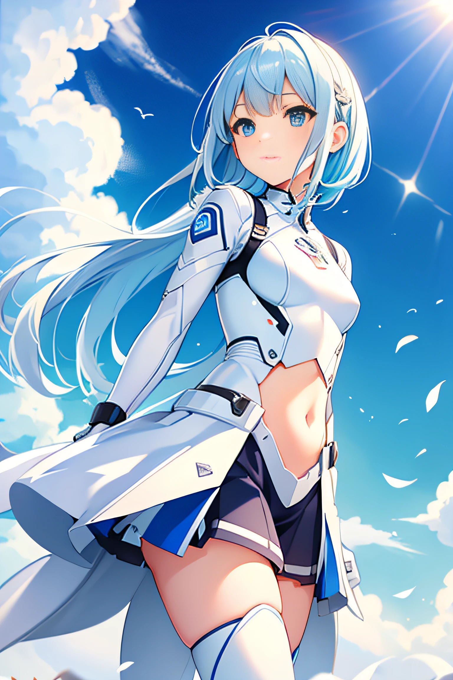 White combat suit with blue pattern, a cute girl, pixie cut hair, small breasts, flat chest, outdoors, blue sky, Canon, masterpiece, high quality, high details, textured skin