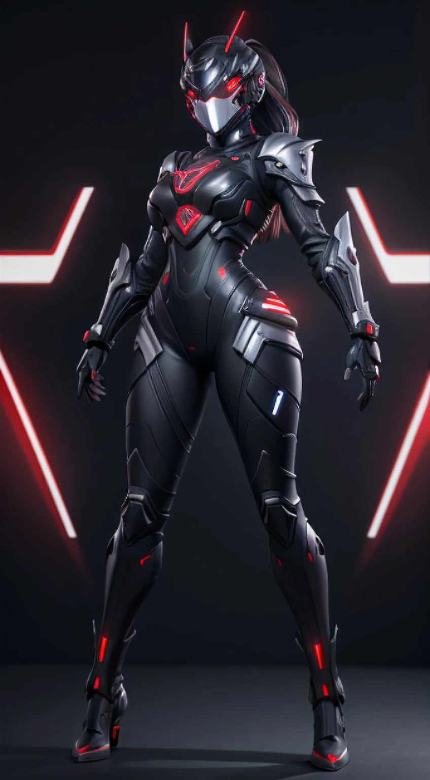 solo, super fine photo, full body picture Unreal Engine 5 8K UHD of a girl, wearing futuristic black and white tight metallic battle suit, cyber knight design, full face mask, red light details, gloves with crimson light detail, best quality, masterpiece, unified 8k wallpaper, super detailed, sharp focus, dynamic pose
