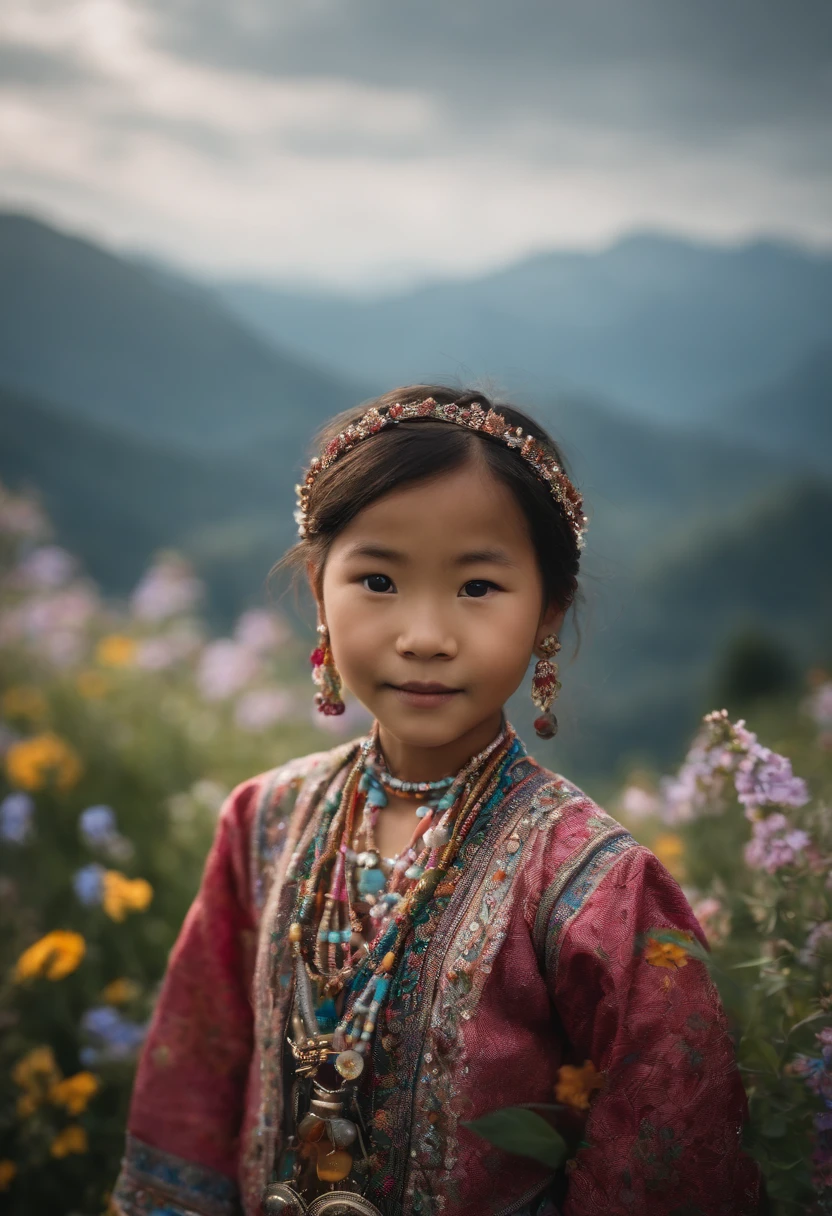 A cute 8--old o kid, weng traditional silver jewelry and colorful embroidered clothing, stands amidst the blooming wildflowers. In the background, a misty blue mountain range extends towards the horizon, with Anne Leibowitz's memorable intimate works as the clue. Using Canon EOS R5 and Canon EF 85mm f/1.2L II USM lenses, wide angle shallow depth of field, focusing on complex details of jewelry and clothing, soft light, and gentle breeze