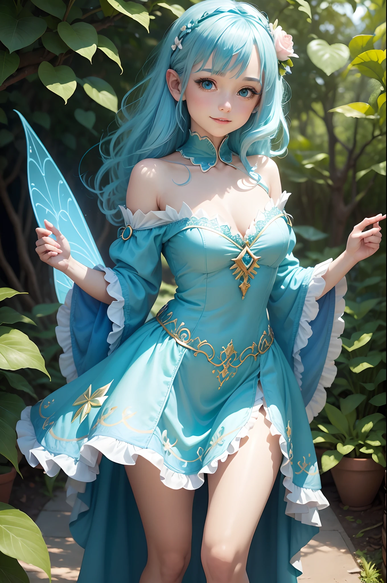 Create a charming illustration of a fairy with radiant blue hair, asas multicoloridas, cheerful facial expression and a green dress that reaches to the knees. Put her in a magician, Fantasy-filled setting, ensuring that the image conveys a sense of wonder and fun, sem elementos sensuais.