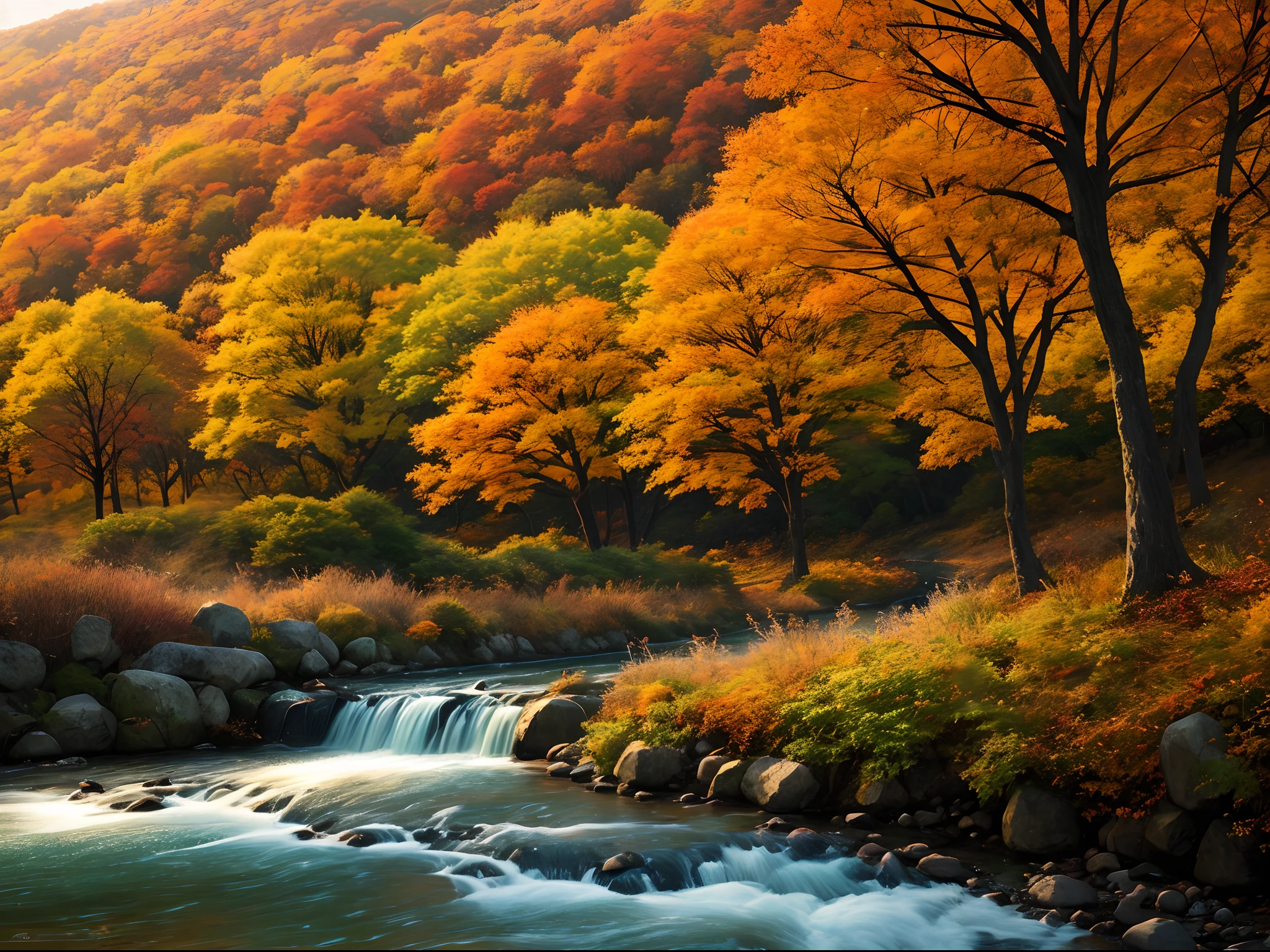 masterpiece、top-quality、hightquality、Highly detailed CG Unity 8k wallpapers、Textured landscape、A place with a lot of leaves and autumn leaves on the ground、awardwinning photo、Bokeh、depth of fields、HDR、Bloom、chromatic abberation、Photorealsitic、Very detailed、trending on artstationh、Trending in CGSighbour、with an intricate、High Details、Dramatic、The Art of Mid-Journey,Autumn, riverbank, dusk, beautiful scenery
