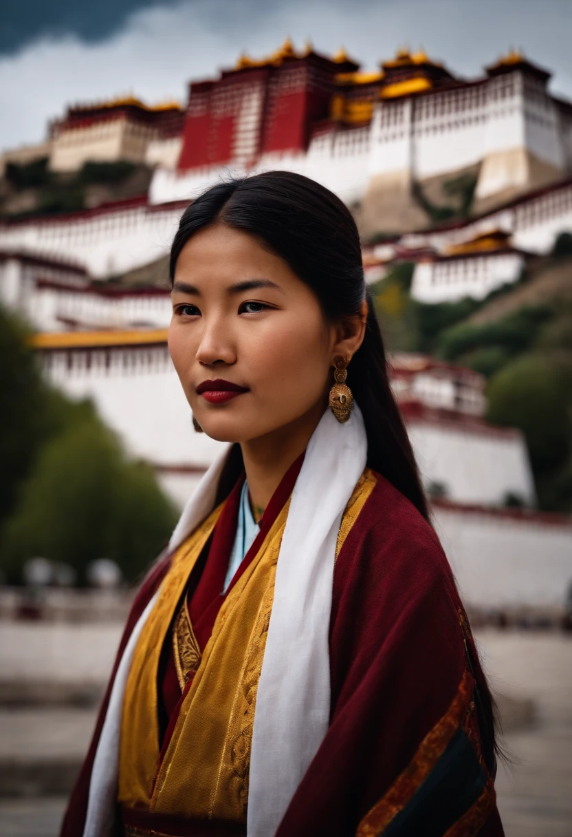 A beautiful Tibetan girl wearing Tibetan clothing stands in front of Potala Palace,confidence,boken,depth of field,side-angle-view,medium close up,cinematic shot,high detail face,ultra high definition,best quality