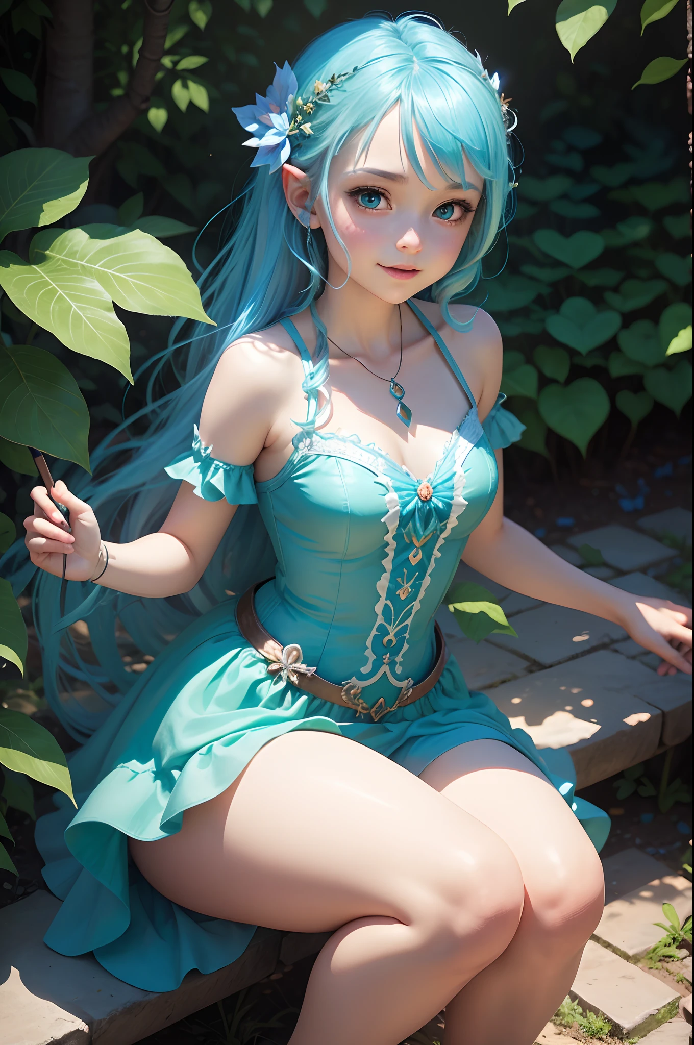Create a charming illustration of a fairy with radiant blue hair, asas multicoloridas, cheerful facial expression and a green dress that reaches to the knees. Put her in a magician, Fantasy-filled setting, ensuring that the image conveys a sense of wonder and fun, sem elementos sensuais.